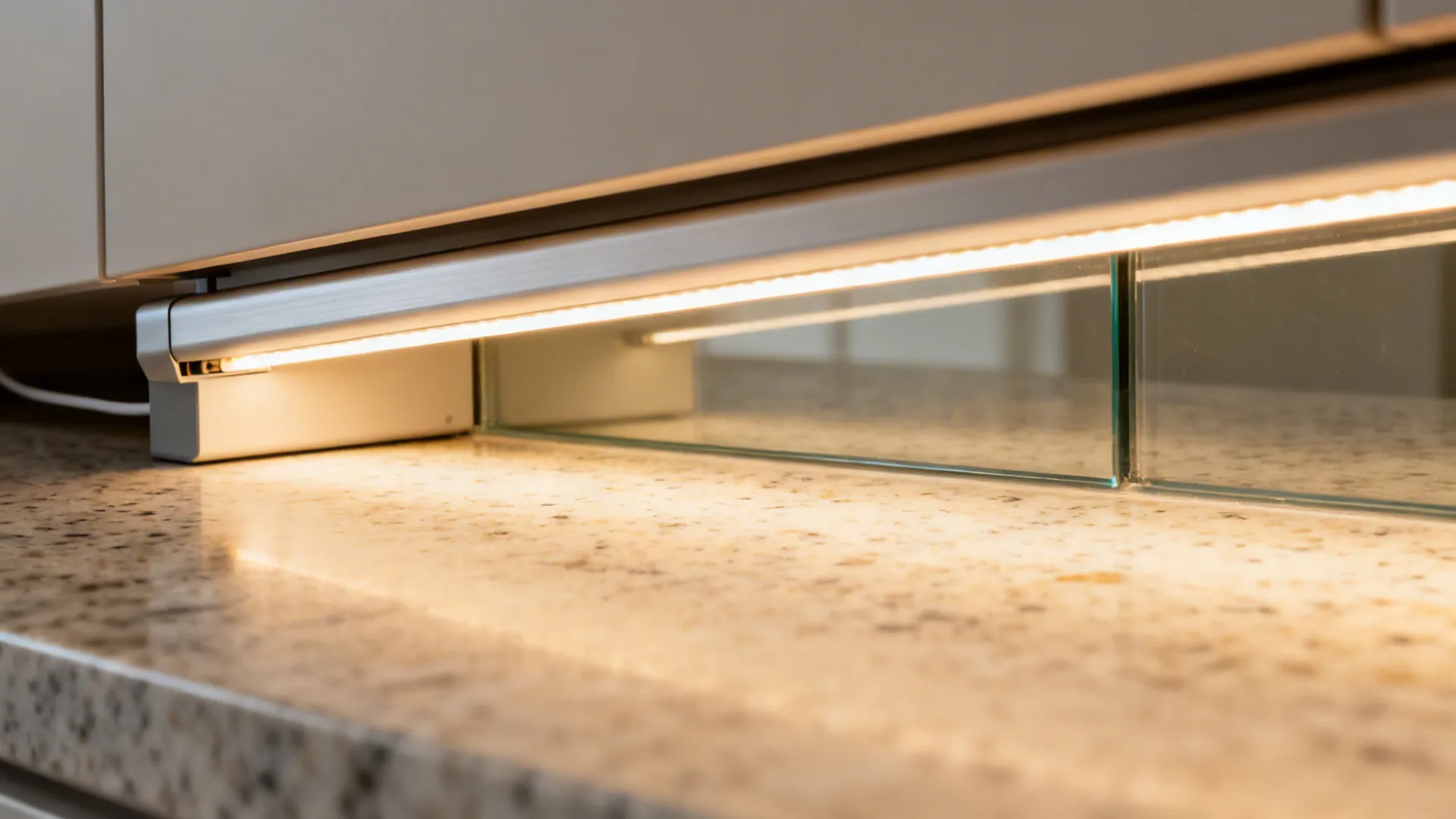 Macro of under-cabinet LED strip casting a soft, even glow on quartz and glass.