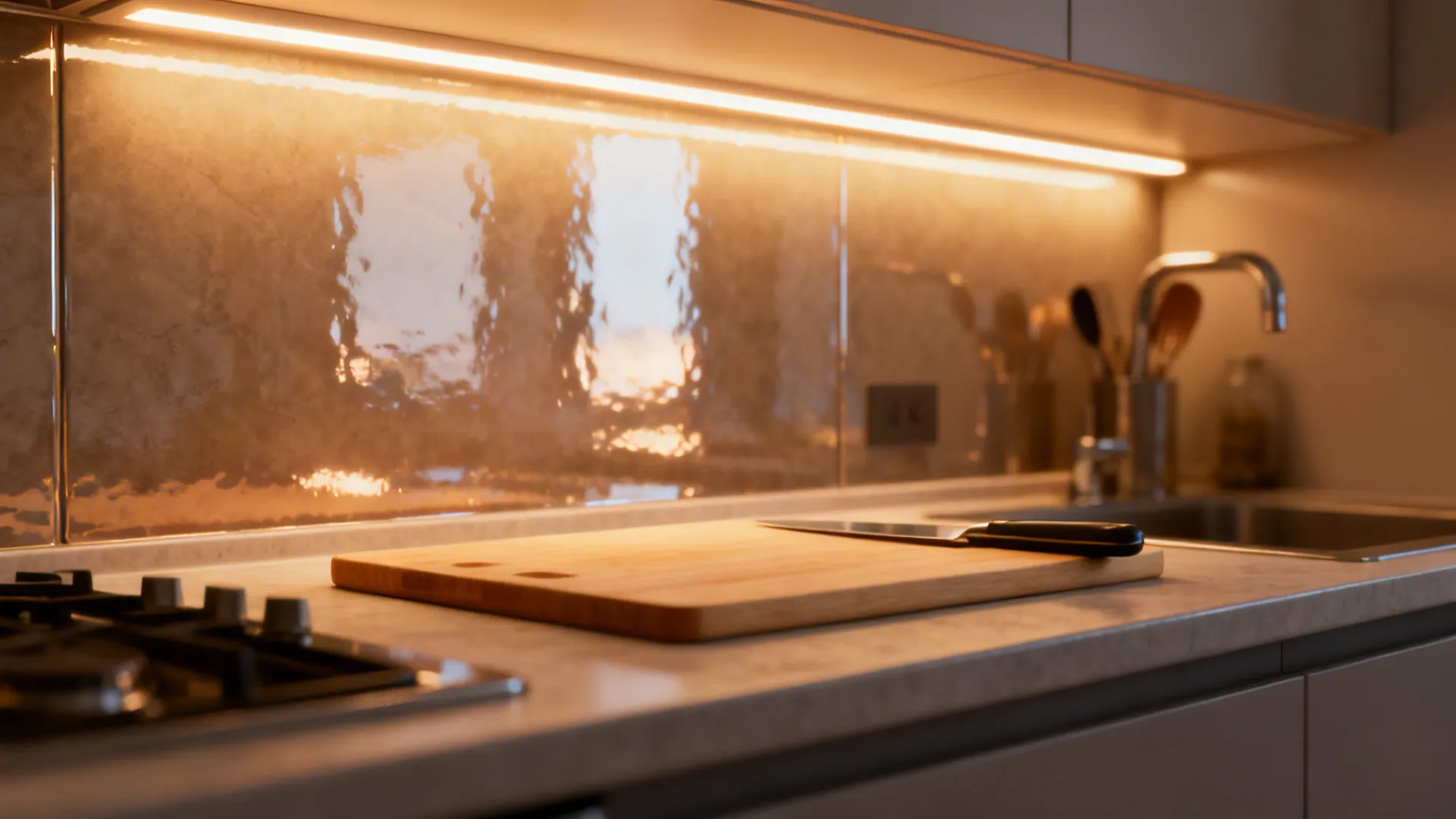 Under-cabinet LED lighting brightening a compact prep zone with glossy backsplash.