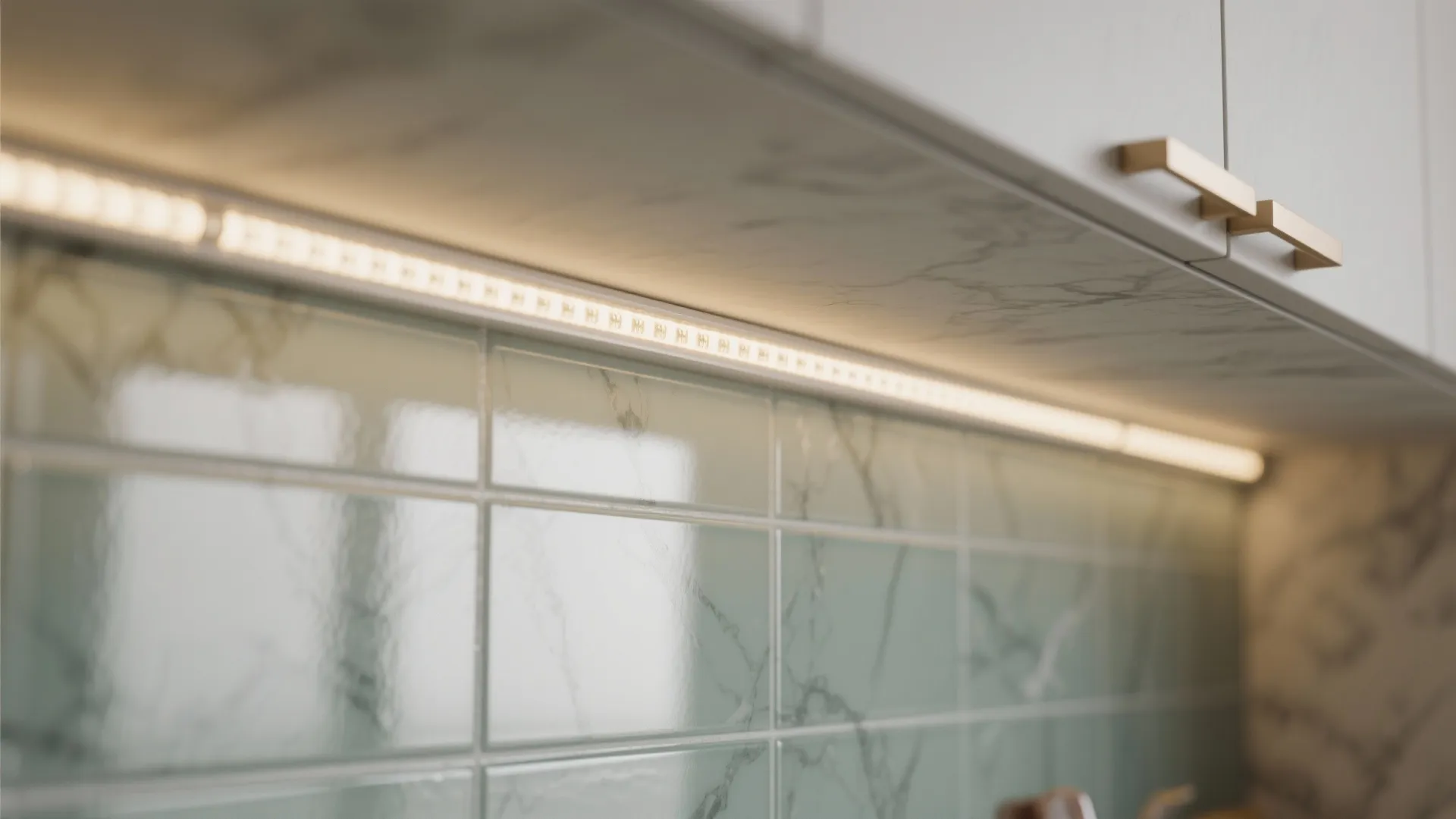 Close up of LED light strip installed under white kitchen cabinet with marble wall tiles behind