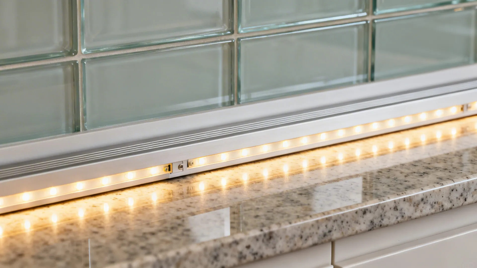 Macro of warm under-cabinet LED strip illuminating glass backsplash and quartz countertop.
