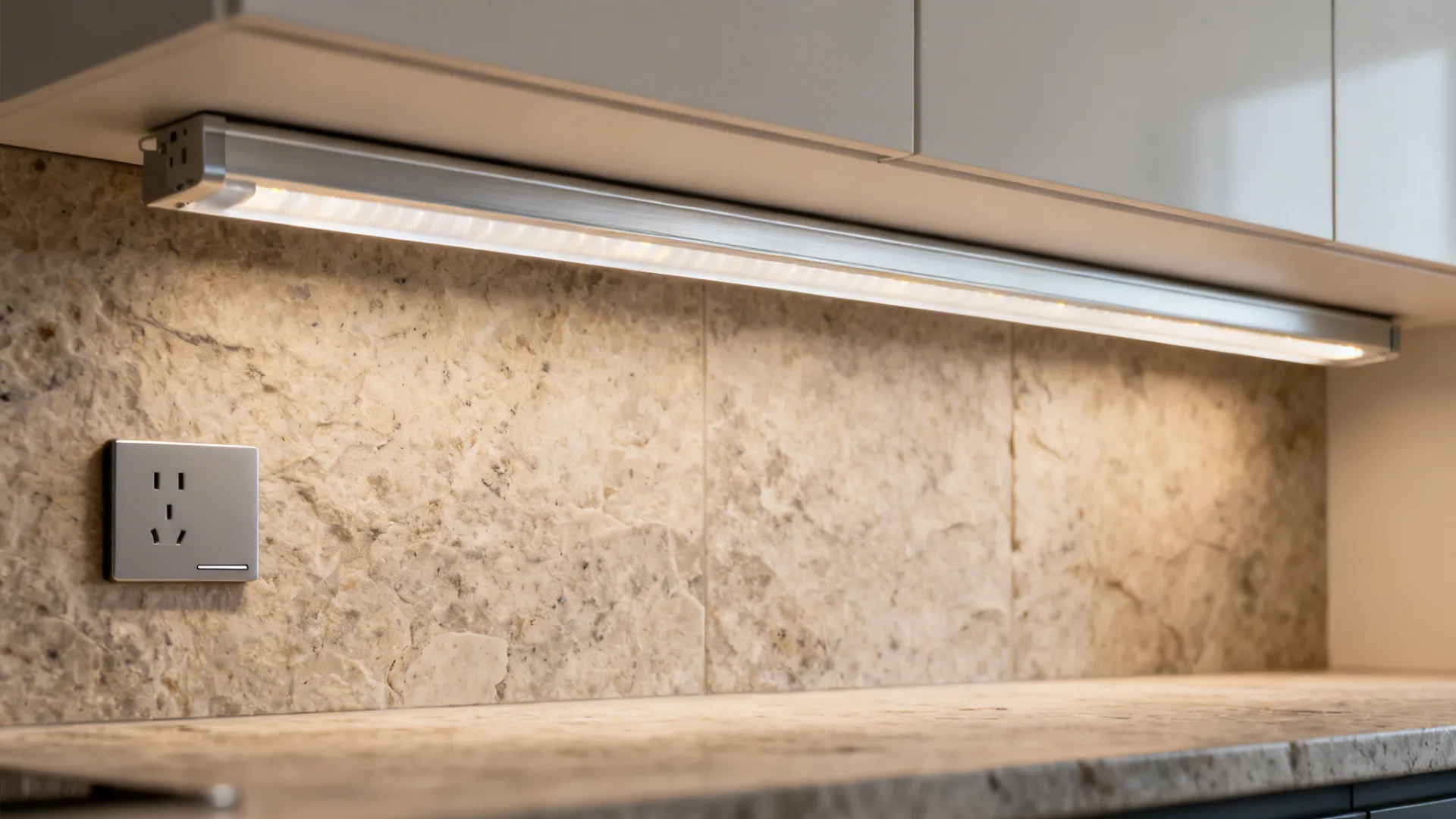 Macro of an under-cabinet LED strip with diffuser washing a matte backsplash near a slim outlet.