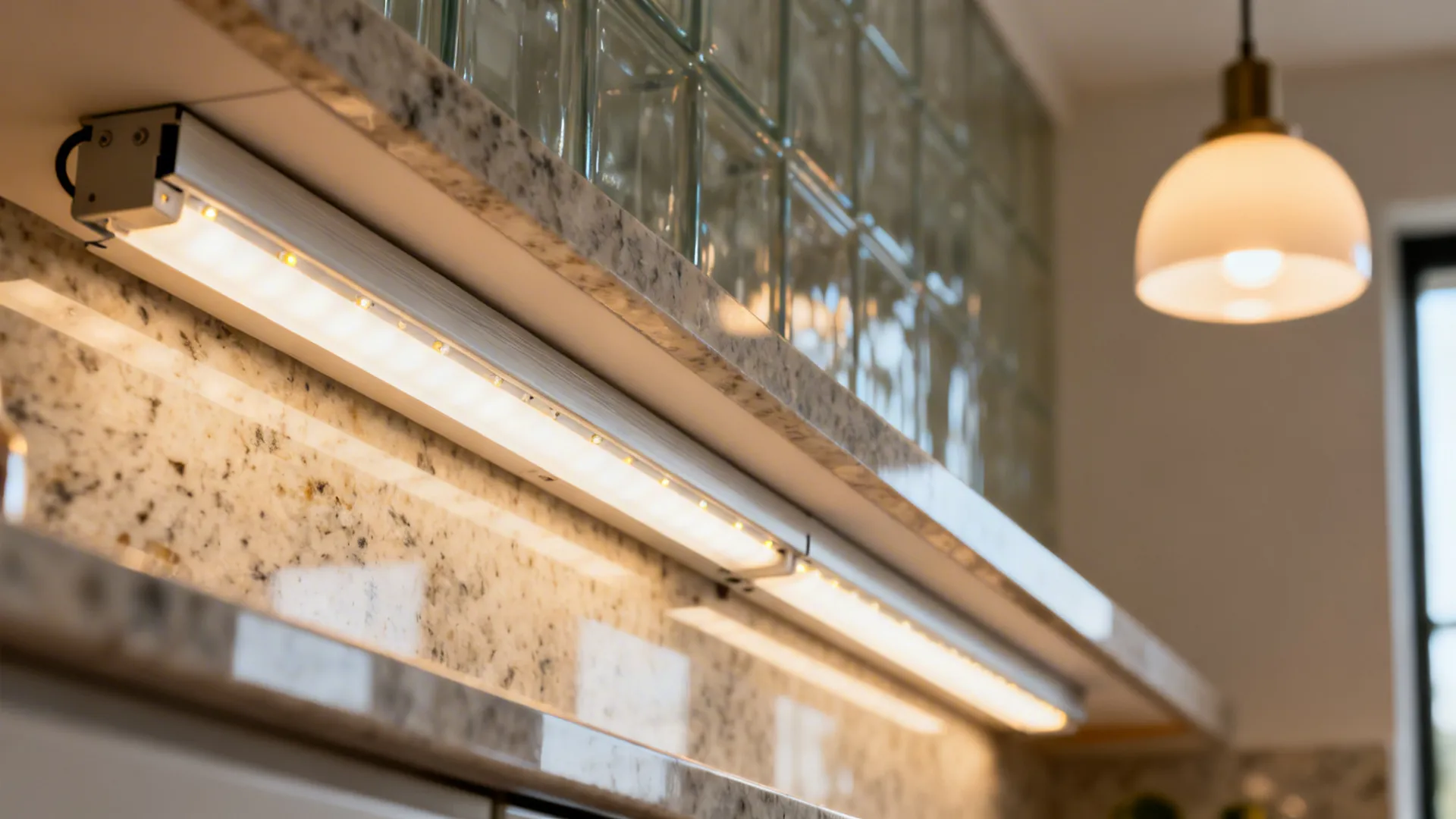 Macro of warm under-cabinet LED strip in channel evenly lighting a countertop and glass backsplash.