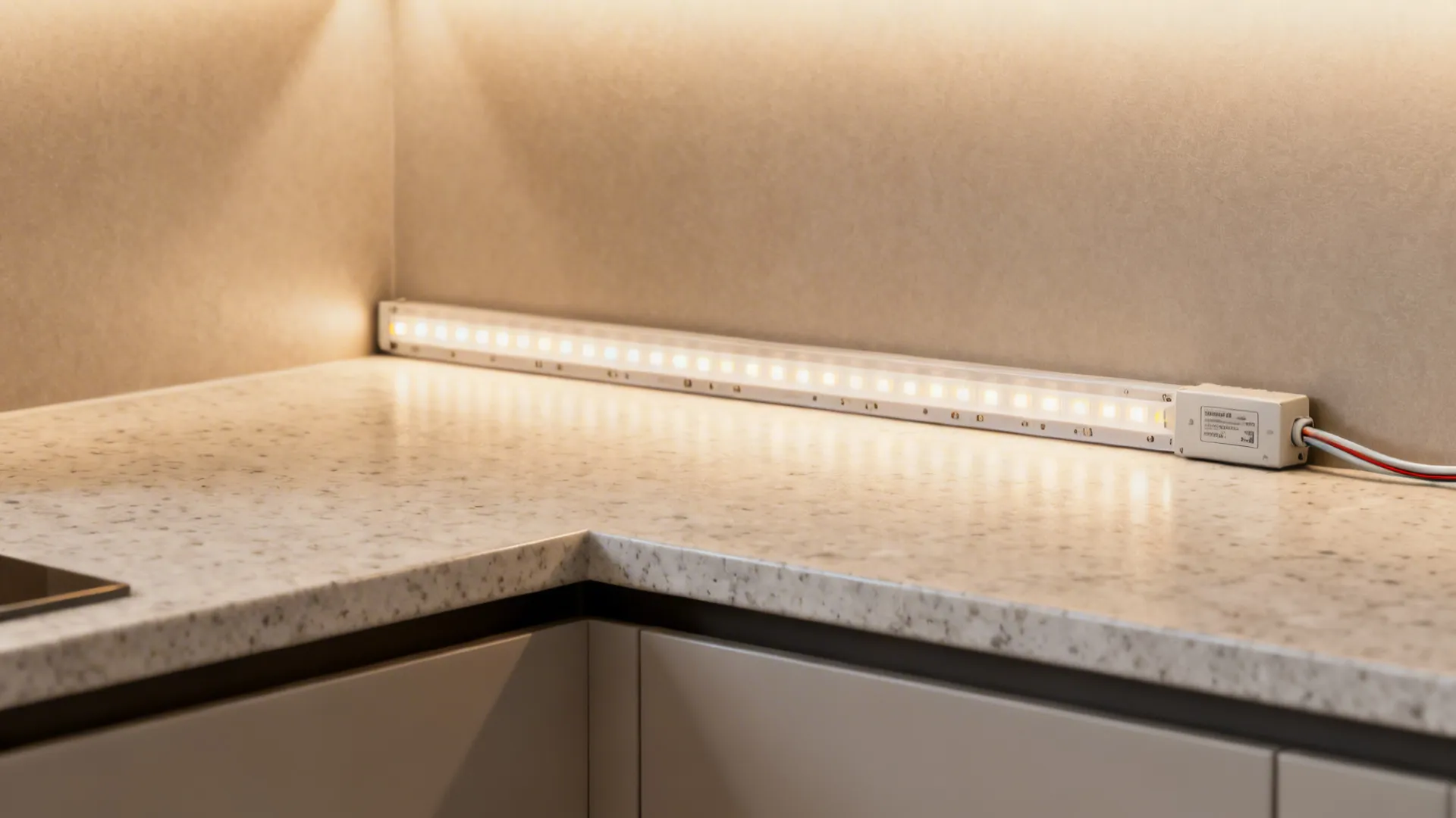 Close-up of a continuous under-cabinet LED strip with diffuser casting even light on backsplash and counter.