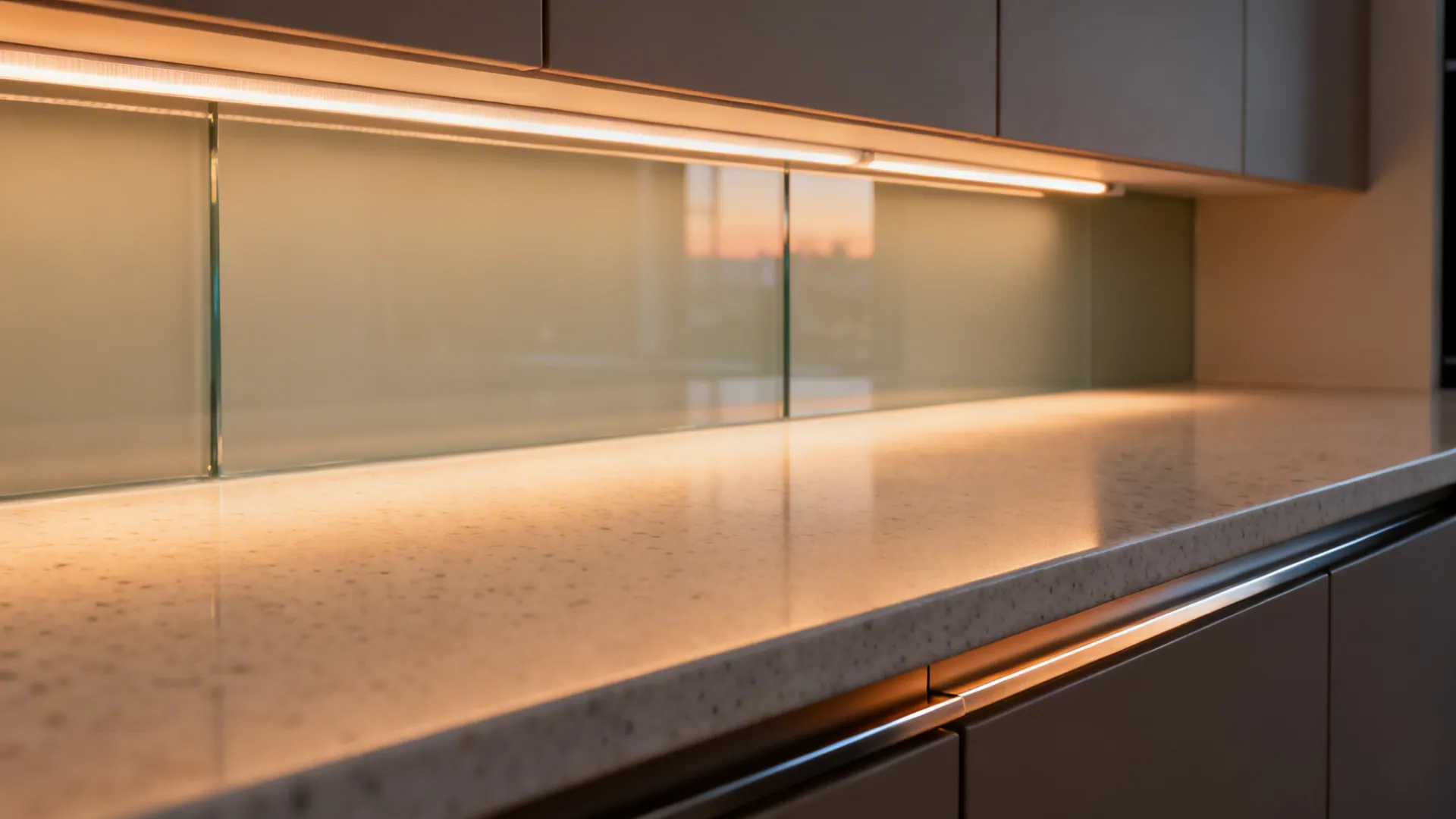 Macro of diffused under-cabinet LED lighting on quartz and glass.