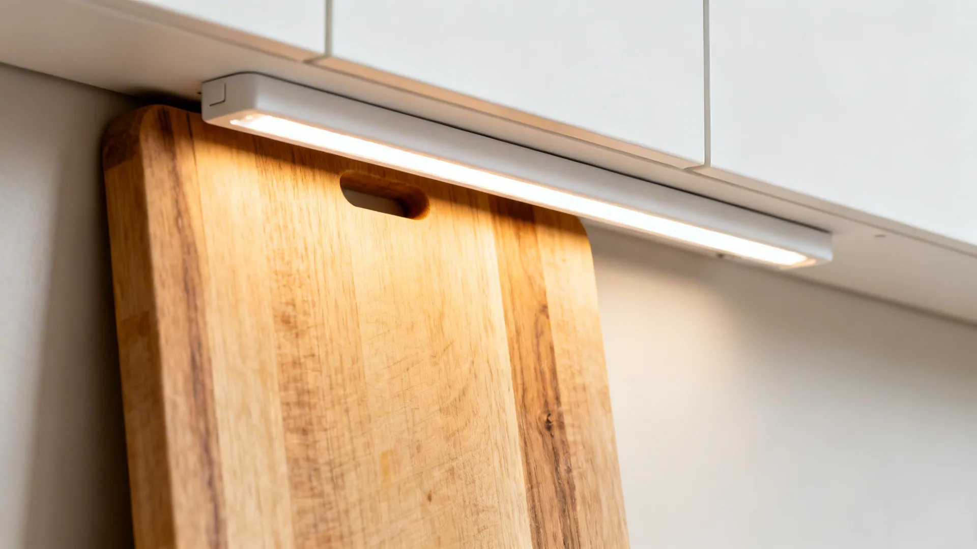 Macro of a high-CRI under-cabinet LED strip lighting a cutting board with warm neutral light.