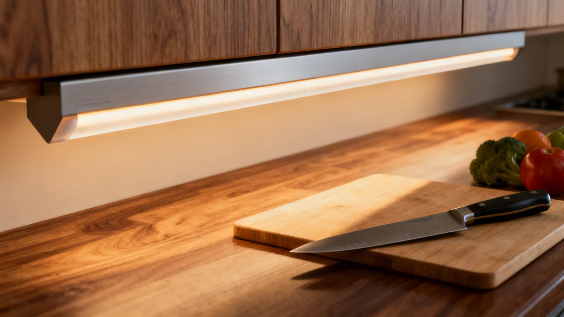 Macro of a front-edge LED strip in a 45° channel evenly lighting a walnut countertop and cutting board.