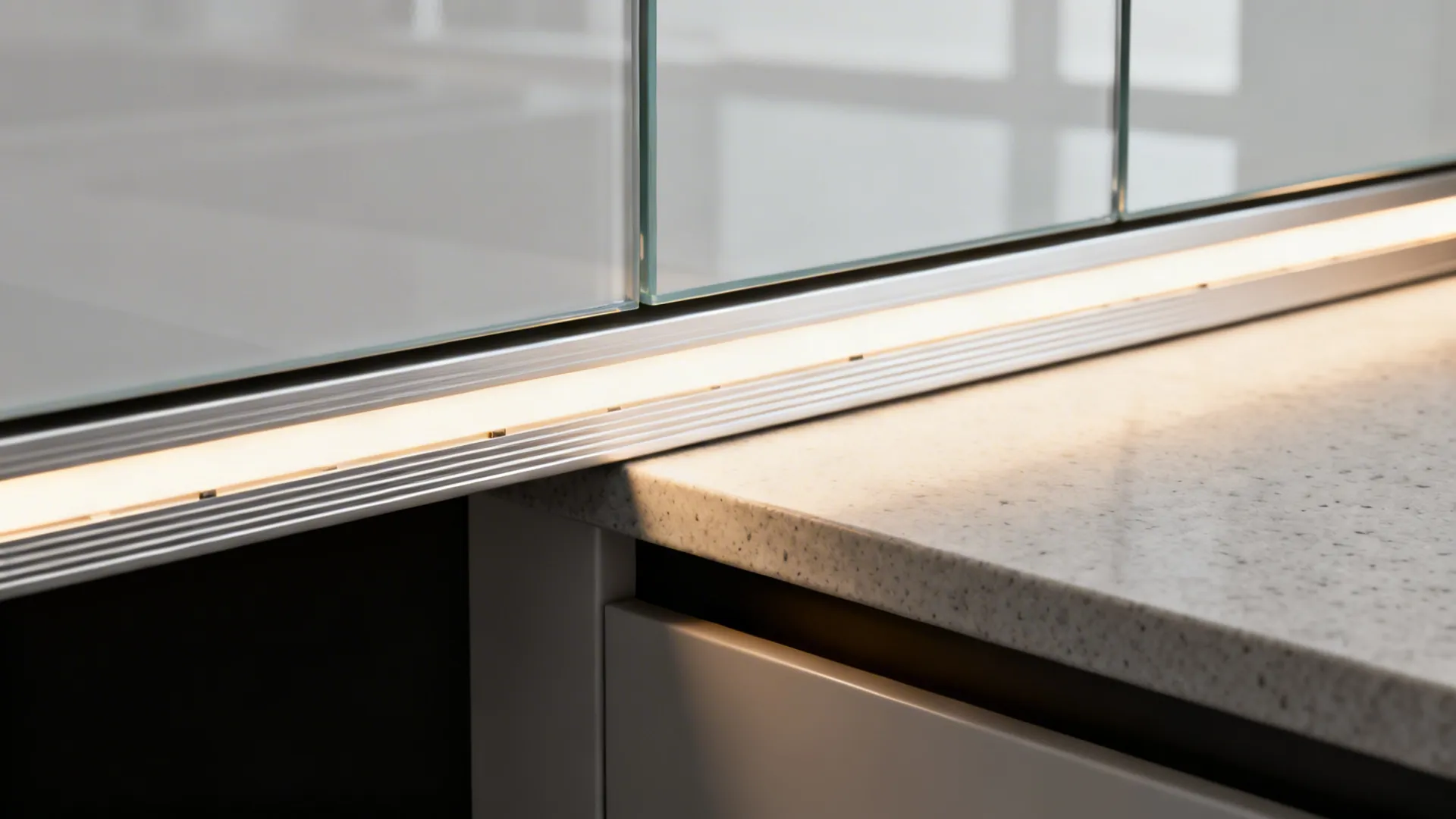 Macro of an under-cabinet LED strip casting warm light on glass backsplash and matte counter.
