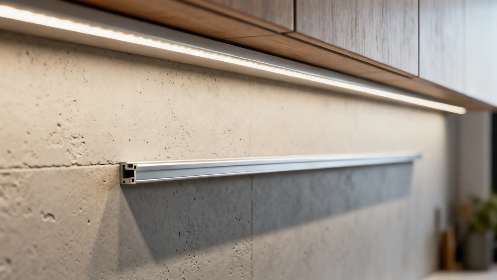 Macro detail of LED strip in an aluminum channel illuminating a microcement backsplash at 3000K.