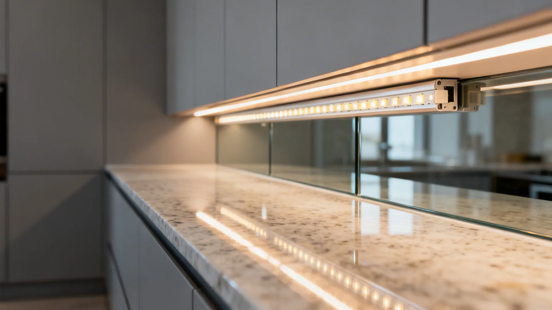 Macro of under-cabinet LED strip washing a quartz counter and glass backsplash.