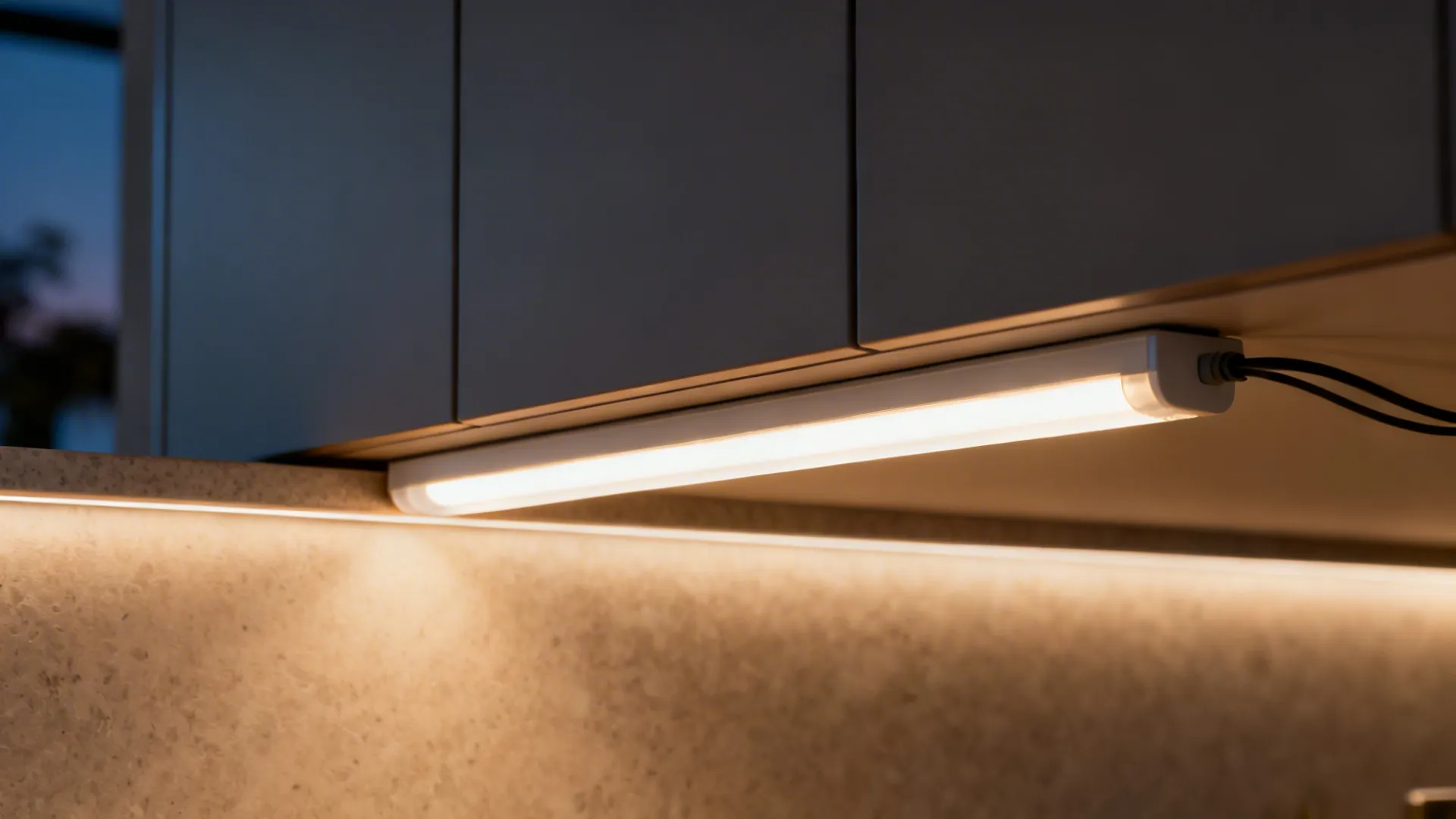 Warm LED light fixture under a grey kitchen cabinet illuminating a stone textured wall surface
