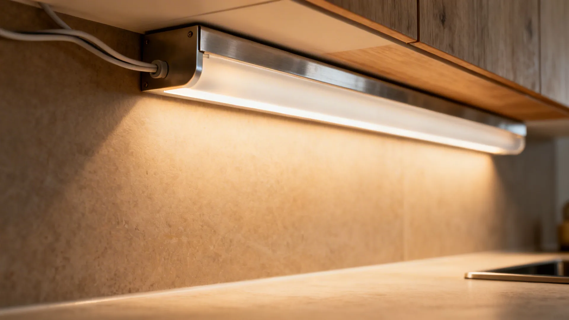 Macro of a diffused under-cabinet LED channel casting even task light.