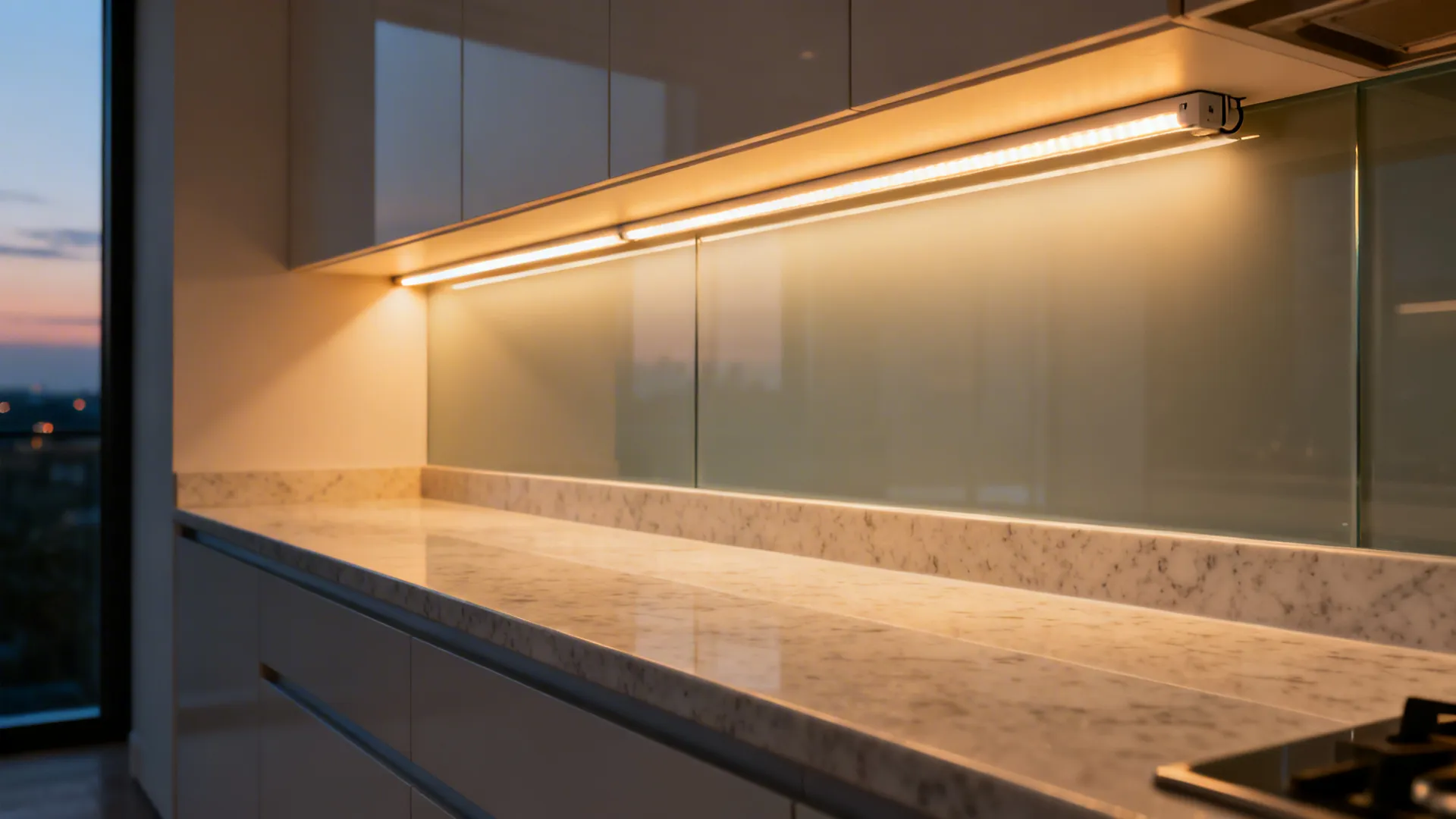 Macro of a concealed under-cabinet LED strip evenly lighting quartz and satin glass.