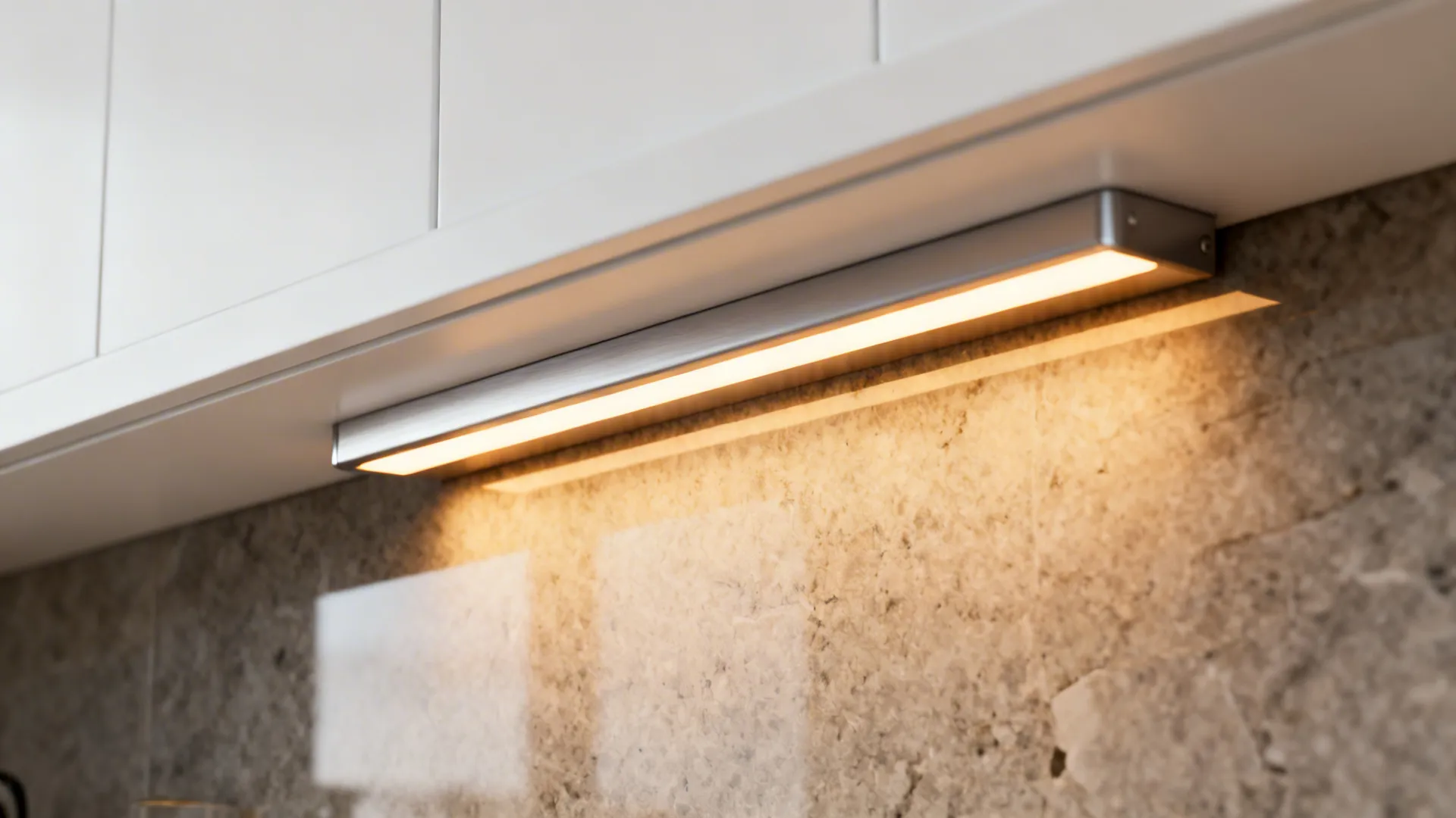 Macro of under-cabinet LED with diffuser casting warm light on a honed backsplash.