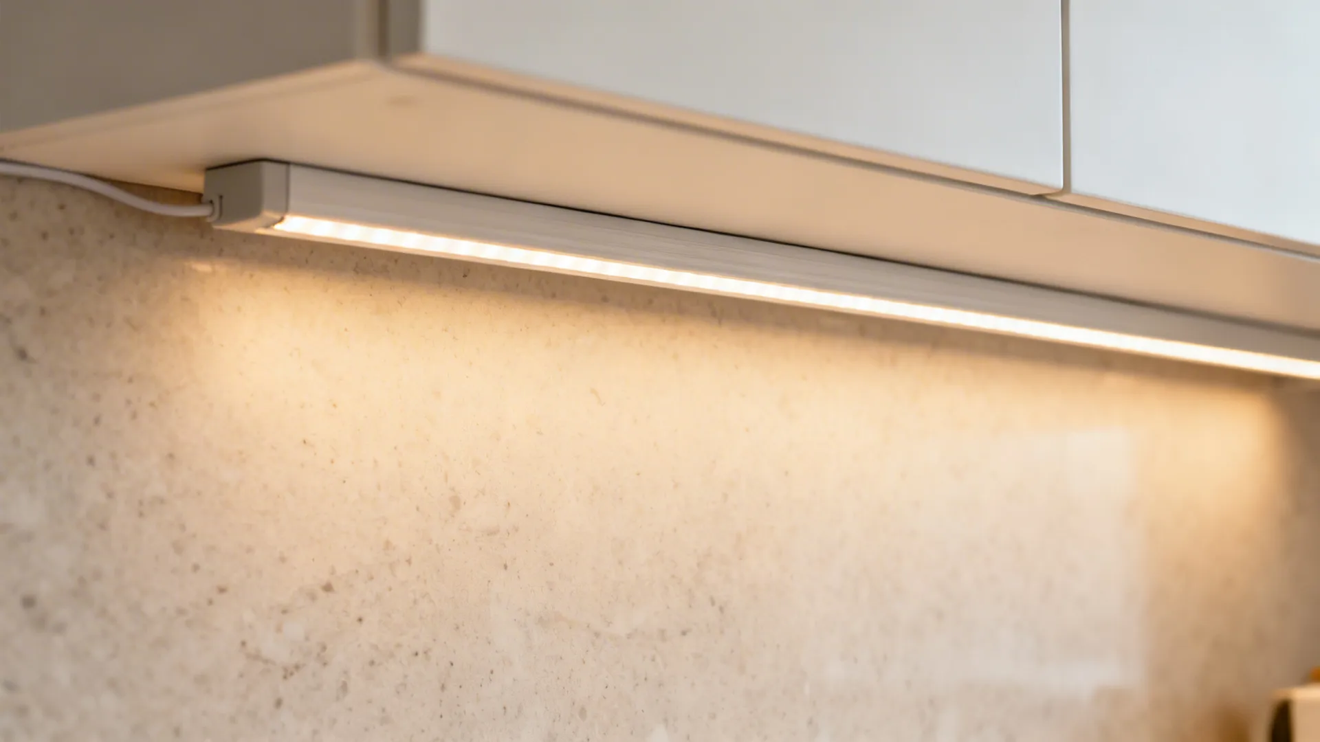 Macro of warm-neutral under-cabinet LED lighting illuminating a pale quartz surface.