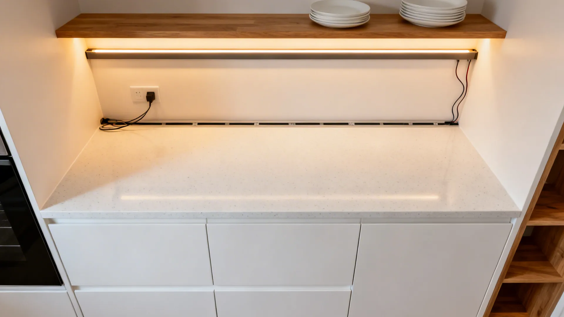 Slim oak open shelf and warm under-cabinet LED lighting over a white quartz countertop in a small kitchen.