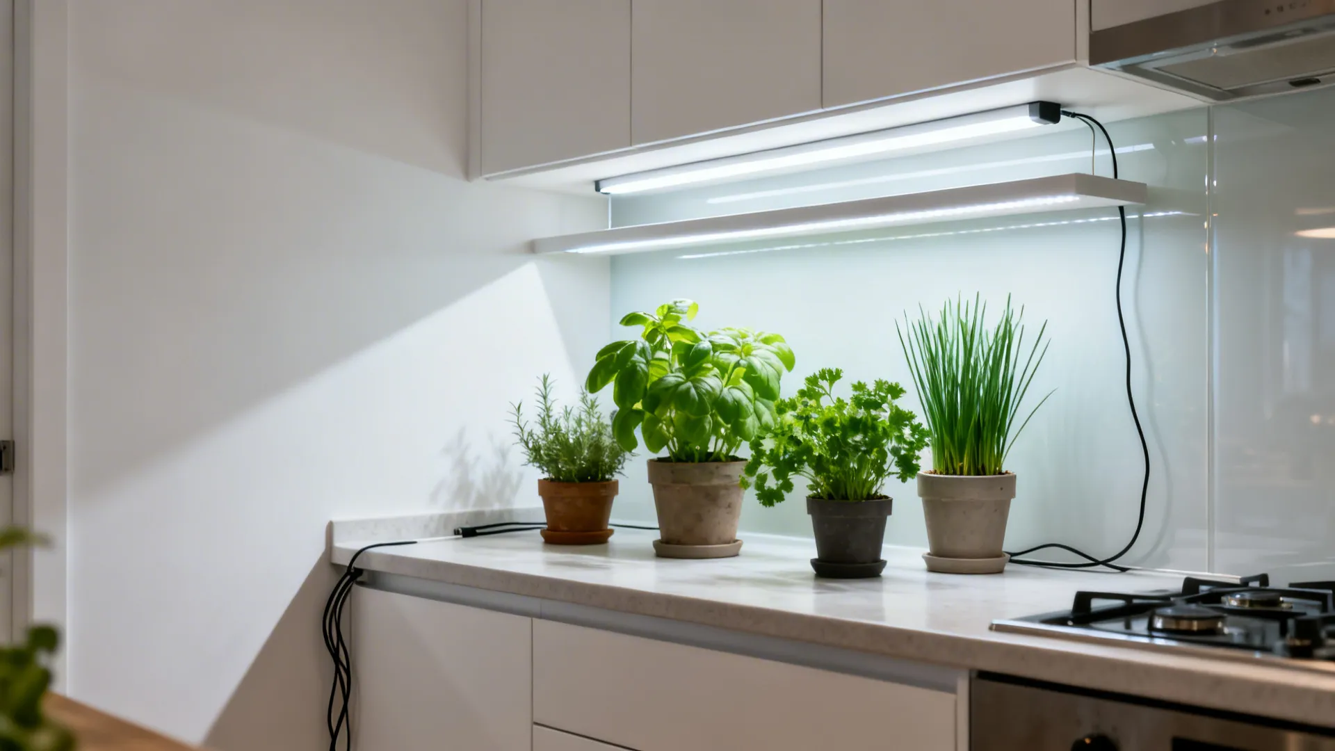 Under-cabinet LED grow bar lighting staggered herb tiers on a counter and slim shelf for even exposure.