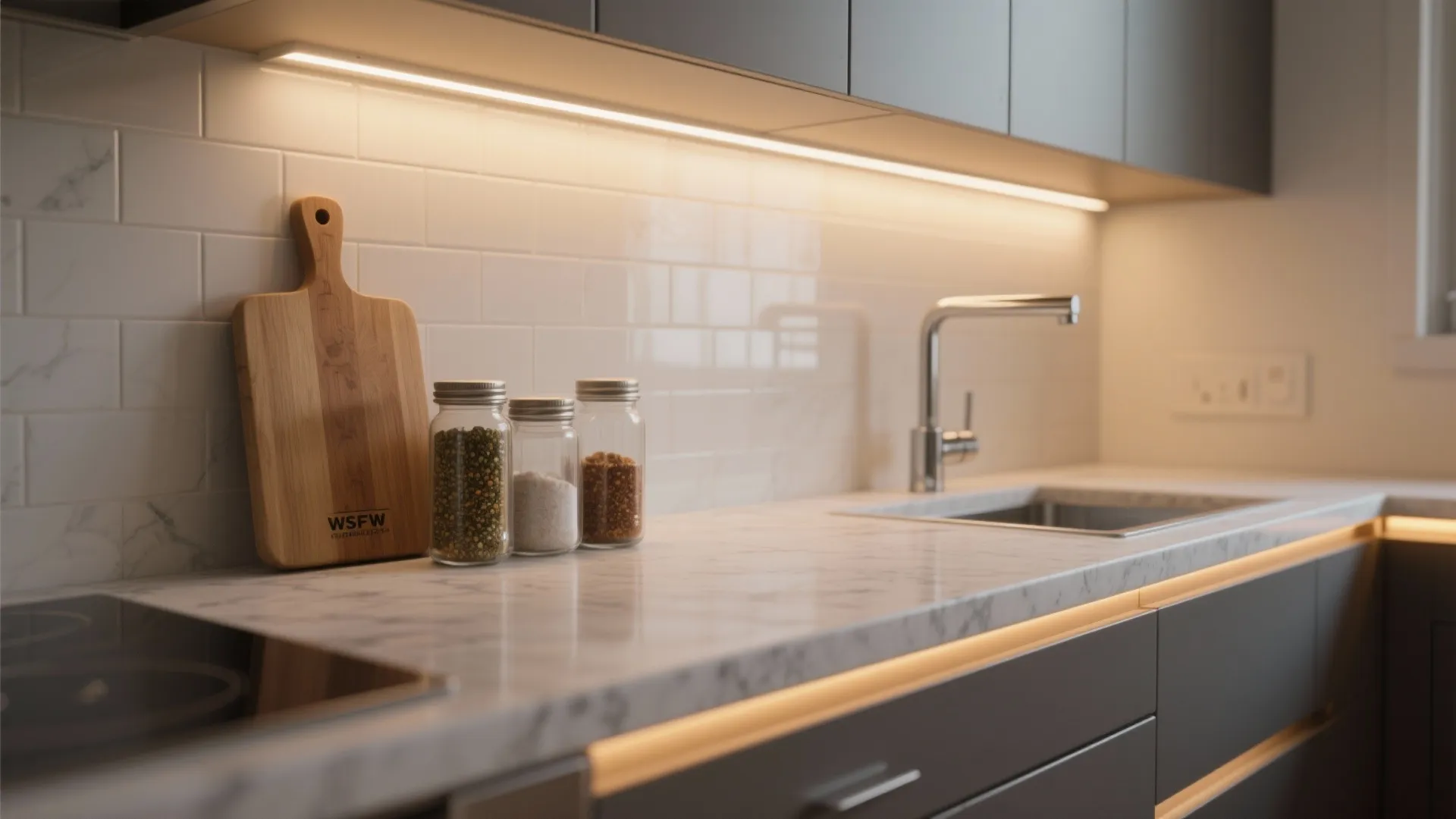 Close-up of slim under-cabinet LED strip lighting illuminating a countertop and backsplash in a small kitchen.