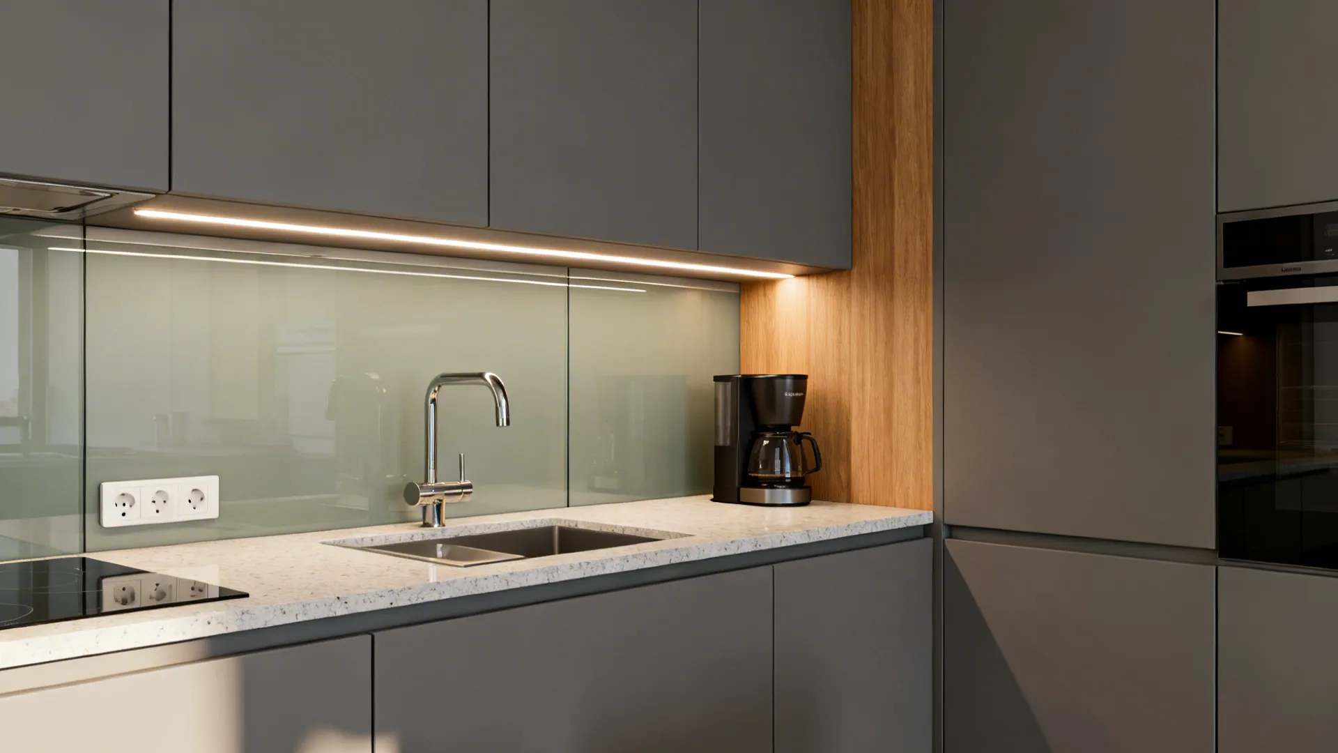 Under-cabinet LED task lighting illuminating a tidy prep zone with concealed outlets.