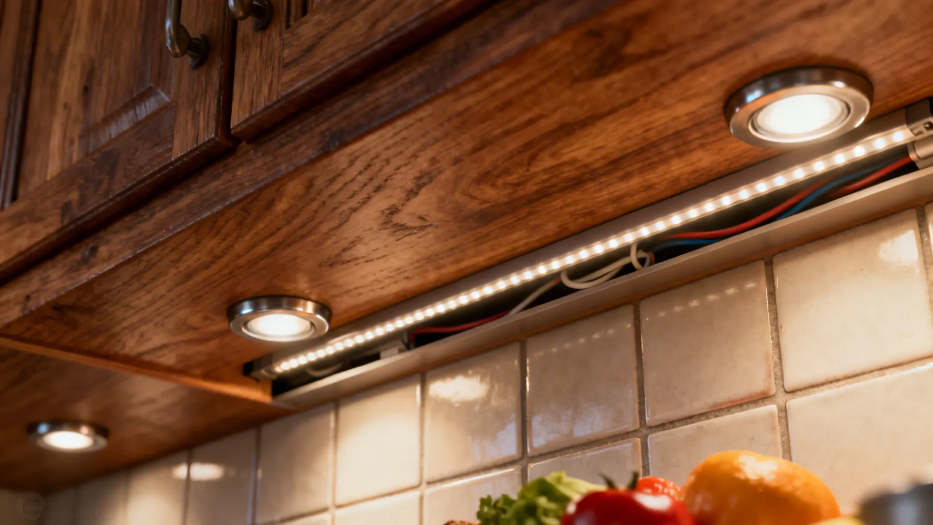 Close-up of warm under-cabinet LED strips and puck lights lighting wood countertop and backsplash