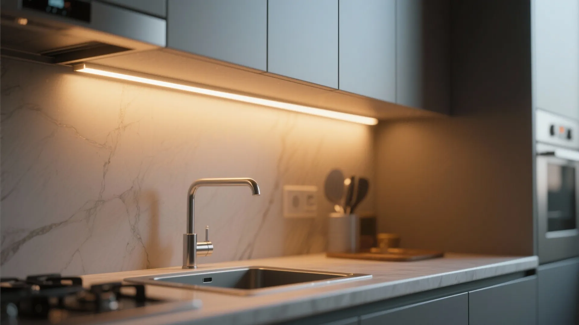 Modern dark kitchen with under cabinet light fixture over marble backsplash and stainless steel sink