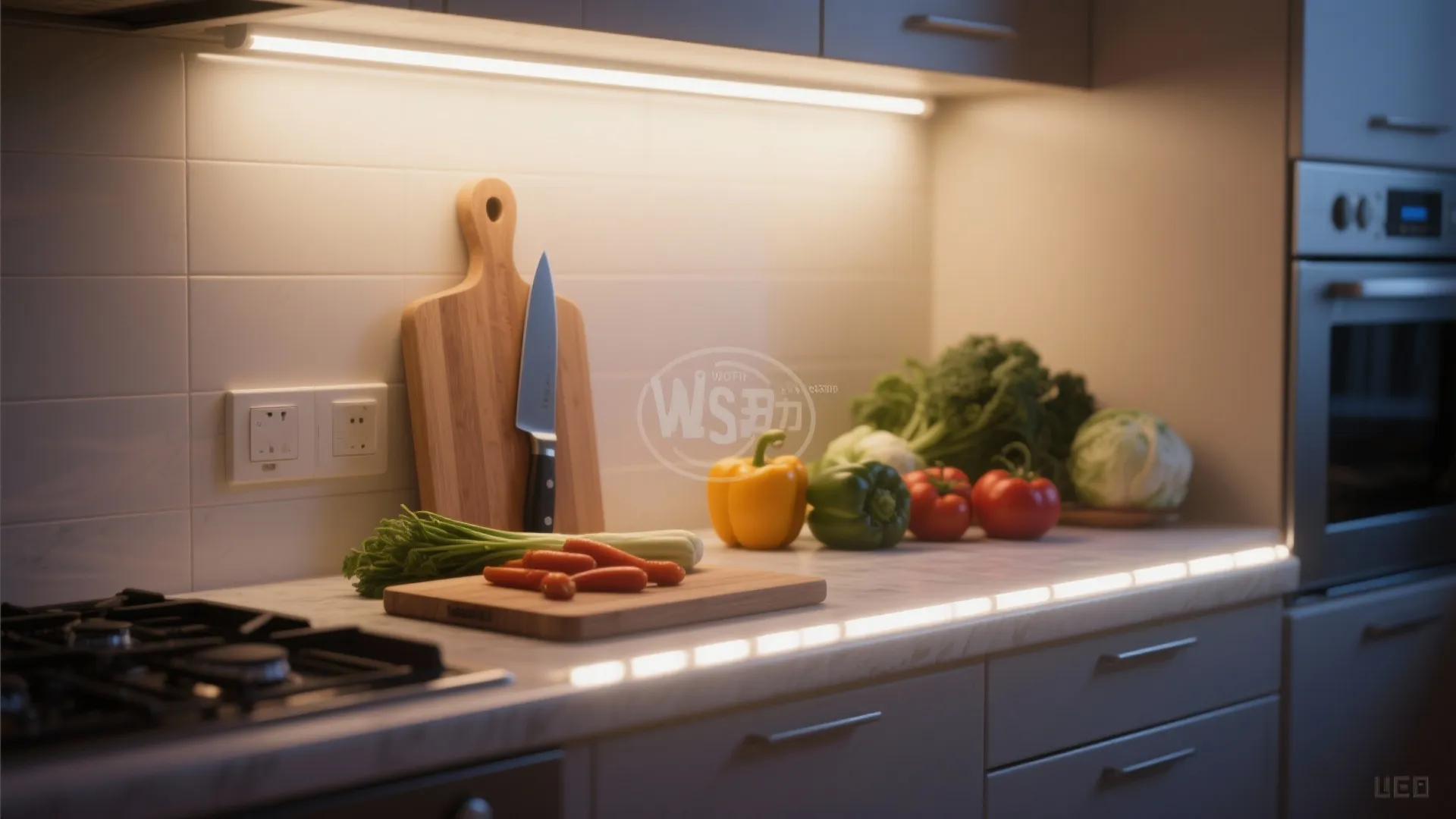 Modern kitchen countertop with warm under cabinet light fixture showing fresh vegetables on wooden board