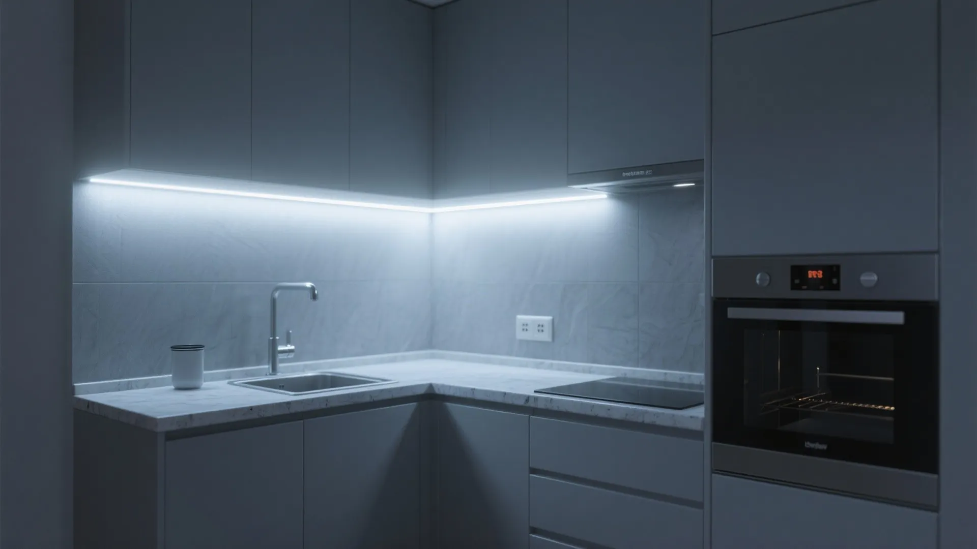 Modern dark grey kitchen cabinets with bright strip light fixture under the top storage unit