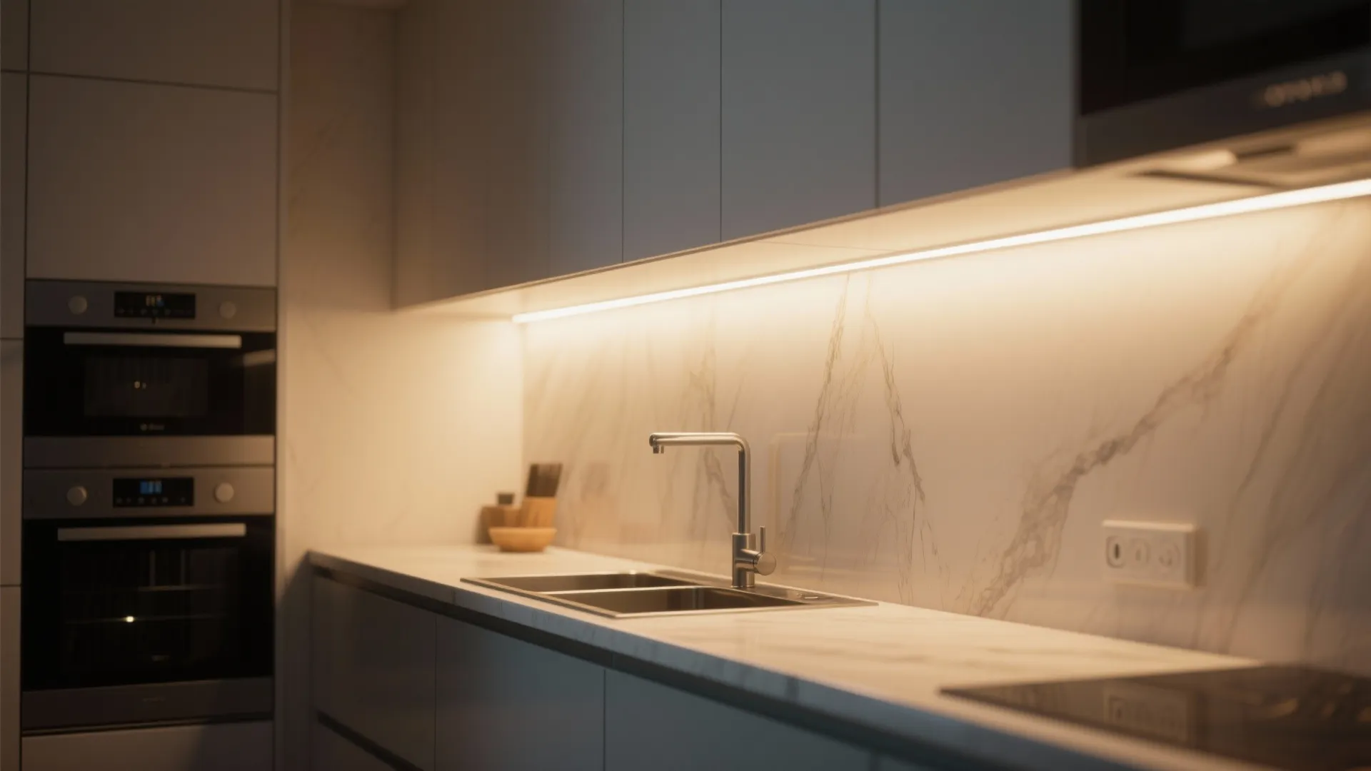 Modern kitchen sink area with marble backsplash and warm light strip shining under the cabinets