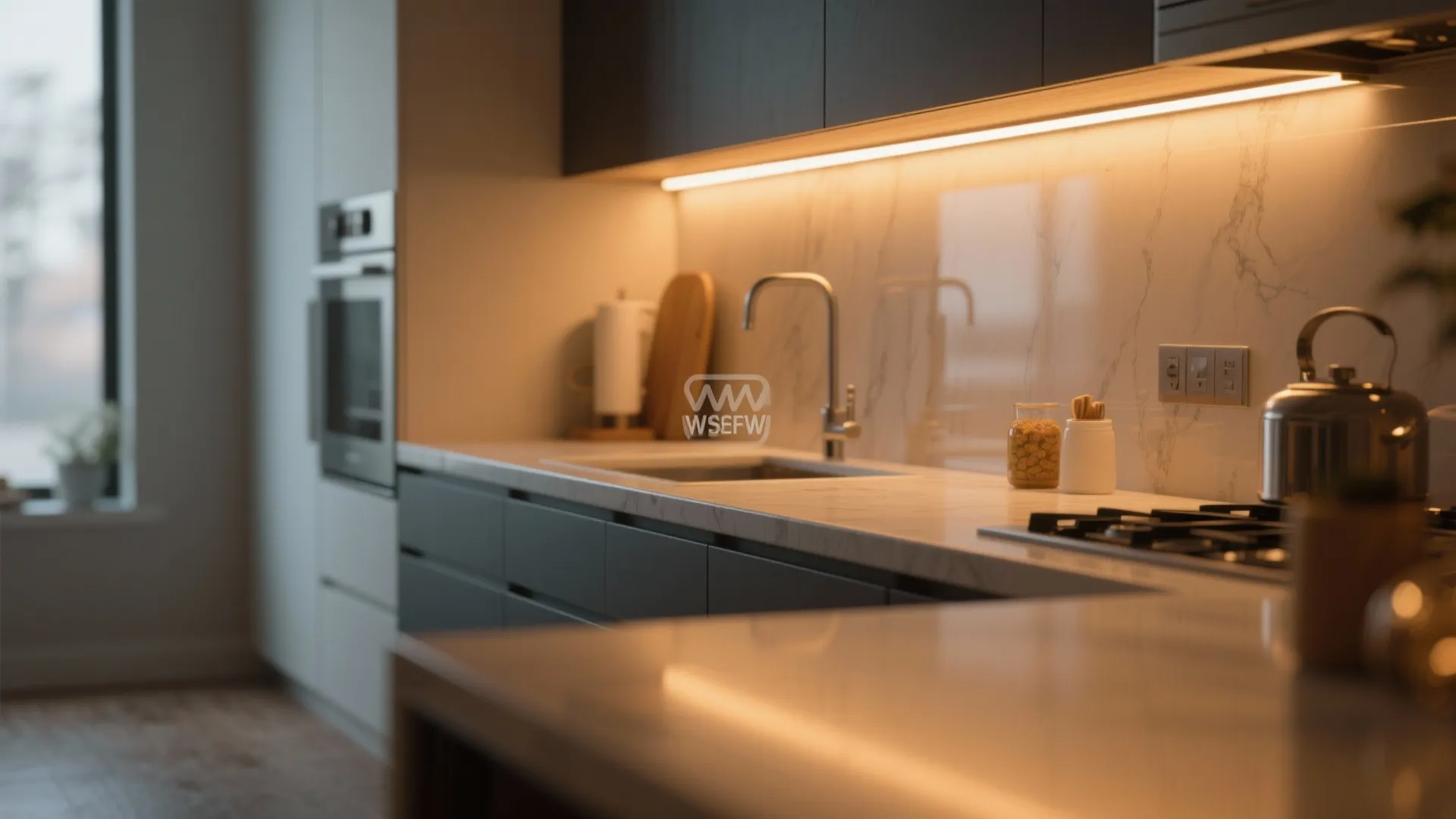 Modern dark kitchen cabinets with warm light fixture strip illuminating white marble countertop and sink