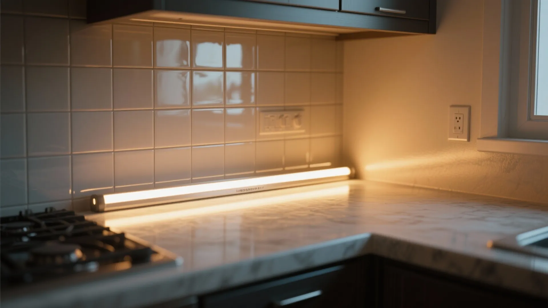 Under cabinet light fixture illuminating a marble kitchen countertop with white tiles and gas stove