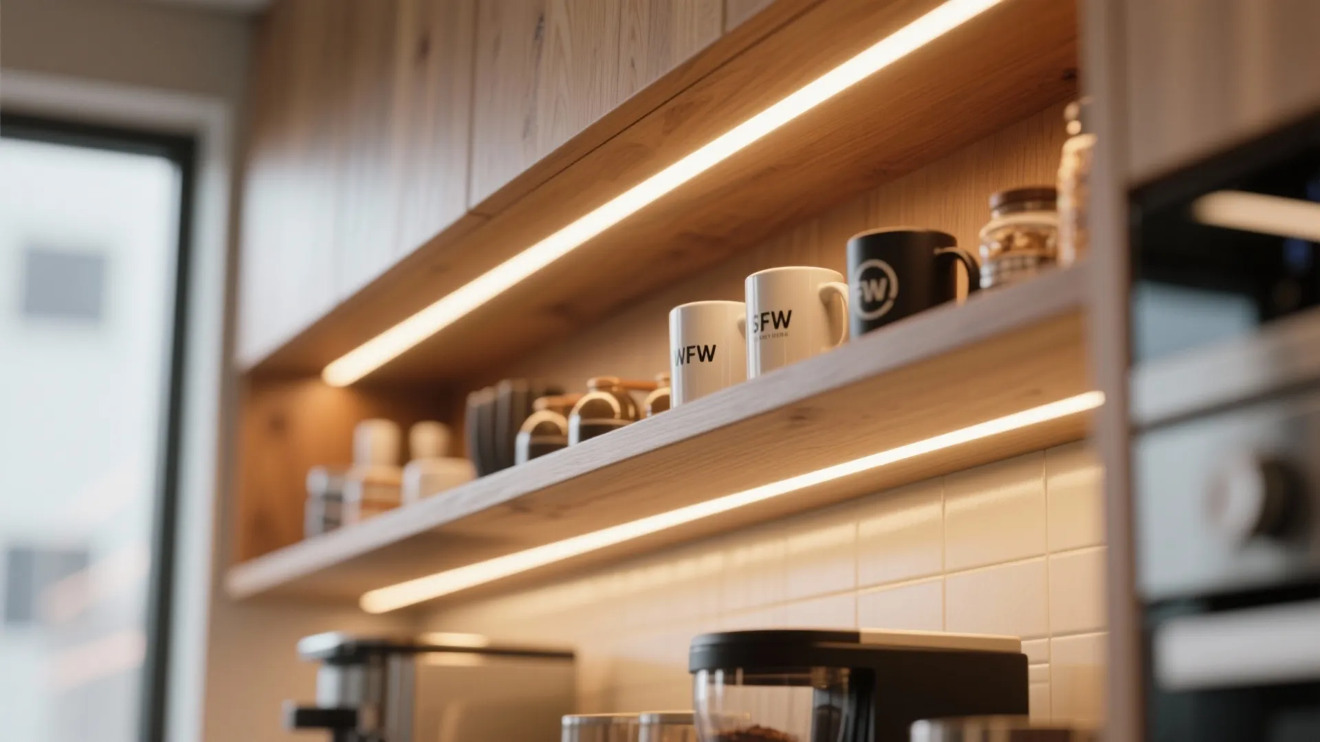 Modern wooden kitchen cabinets featuring bright light strips under the shelves to illuminate counter area