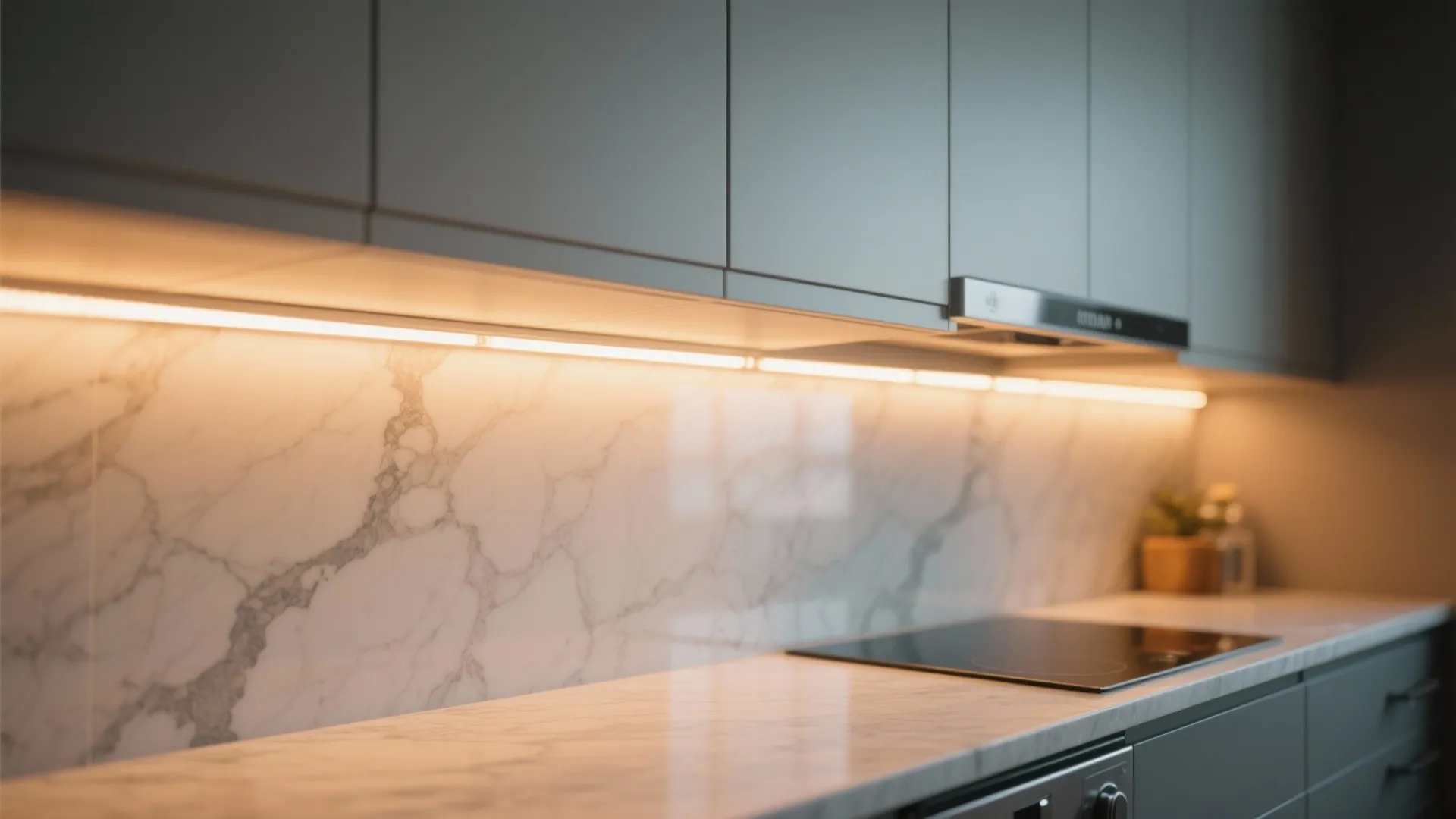 Modern grey kitchen cabinets with warm under cabinet light strip over a white marble wall
