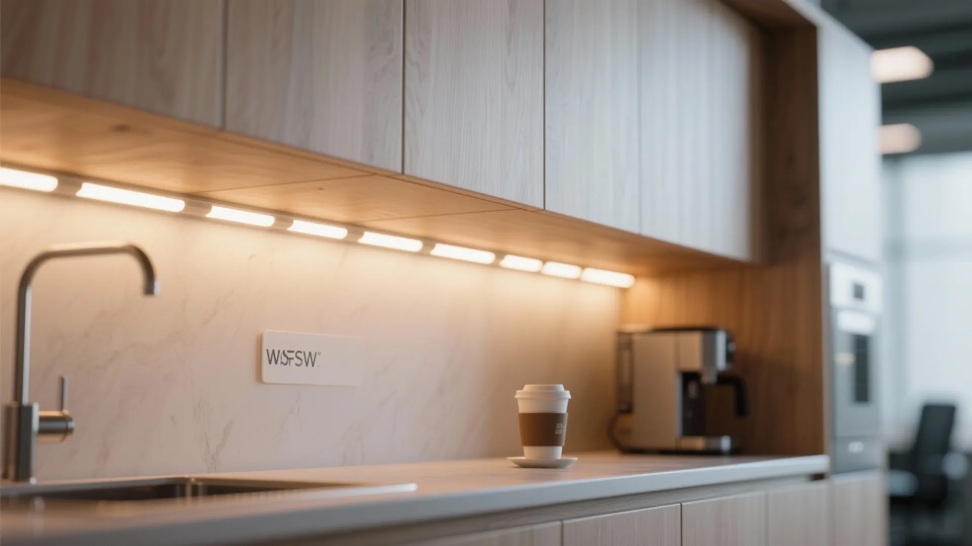 Modern kitchen with wood cabinets marble backsplash and warm light fixture installed under the cabinet