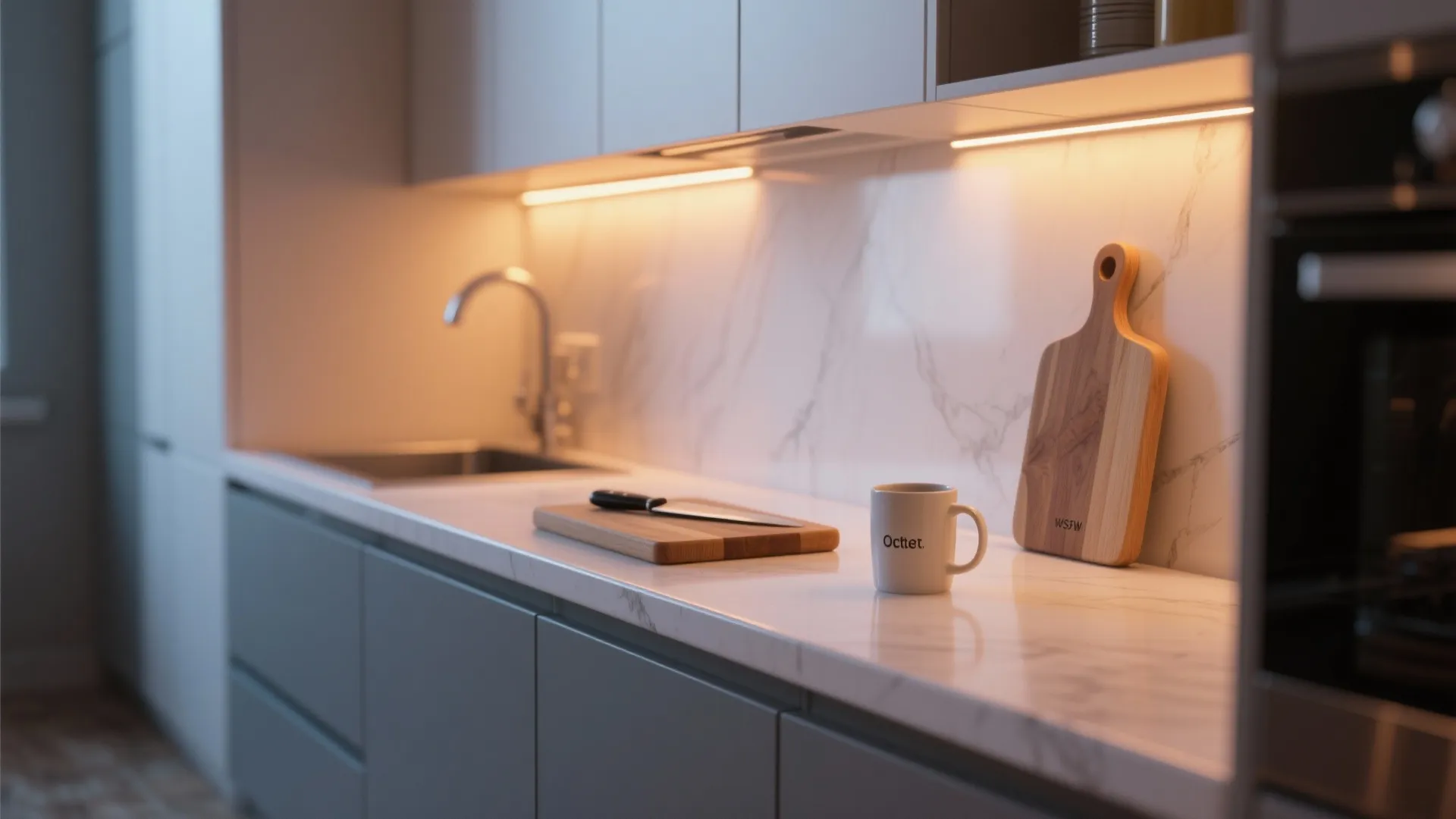Warm light fixture under grey kitchen cabinets shining on marble counter with white mug board