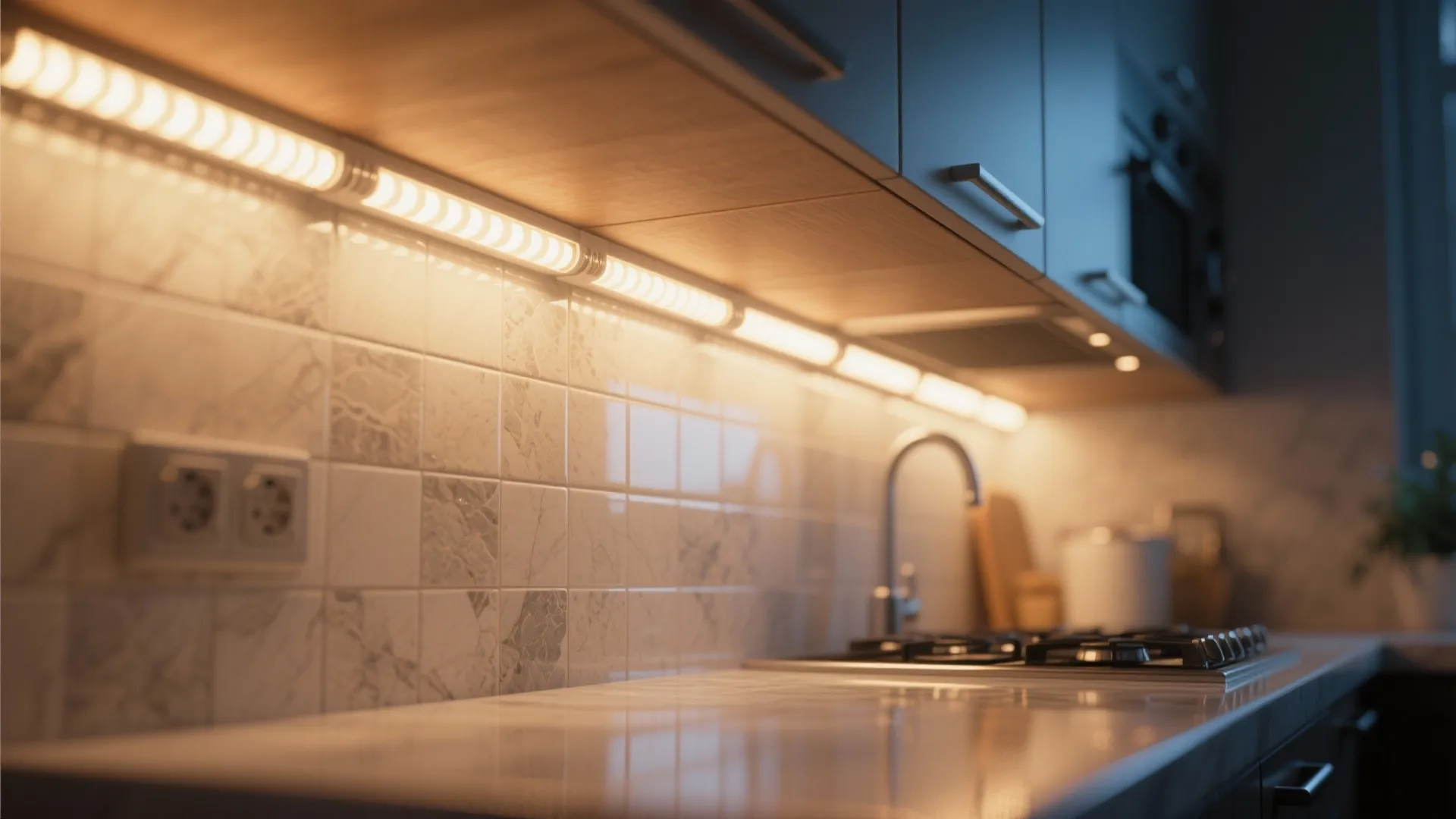Close-up of under-cabinet LED lights glowing on countertop