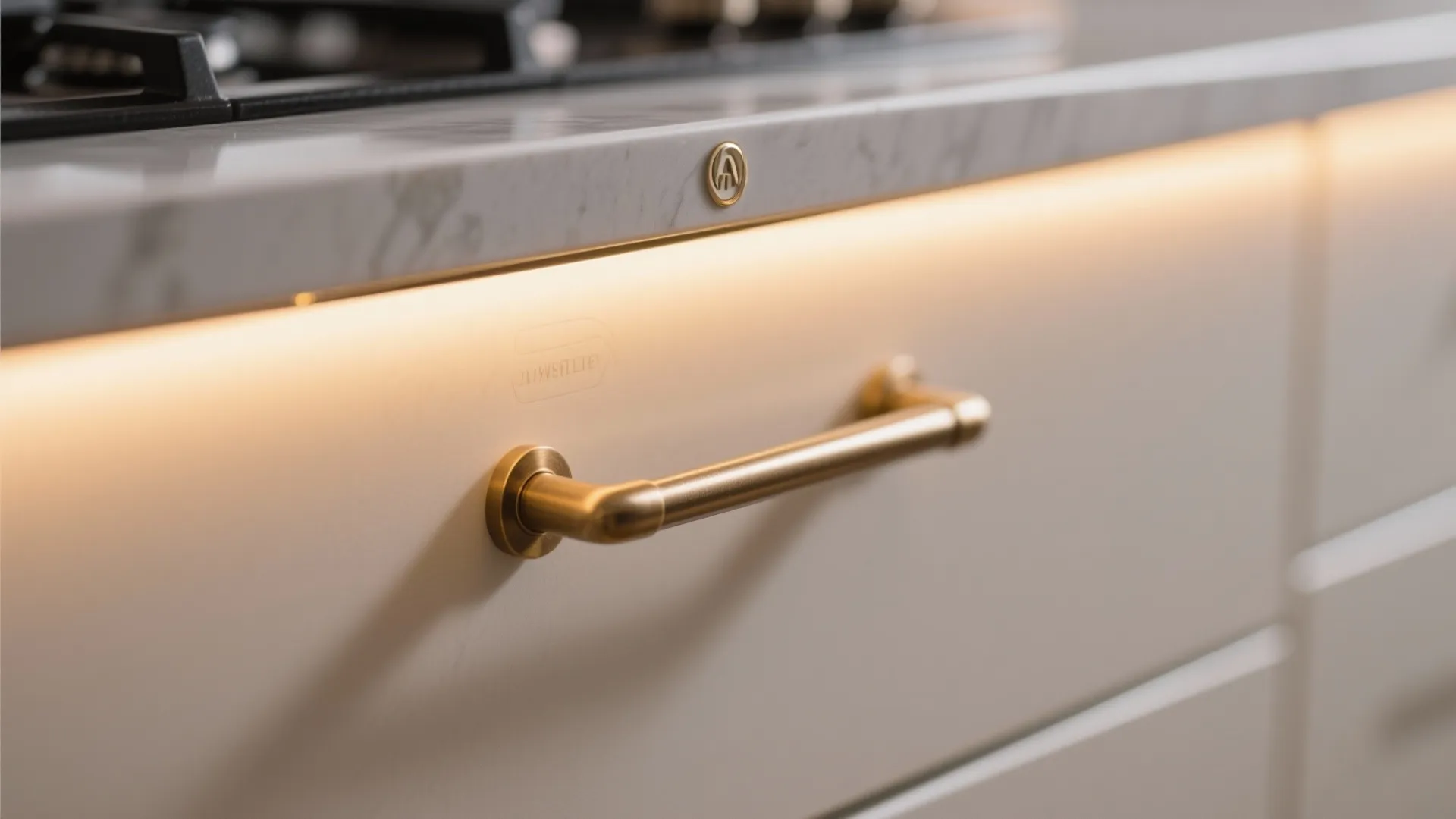 Kitchen drawer with gold handle and warm light strip under a white marble stone countertop