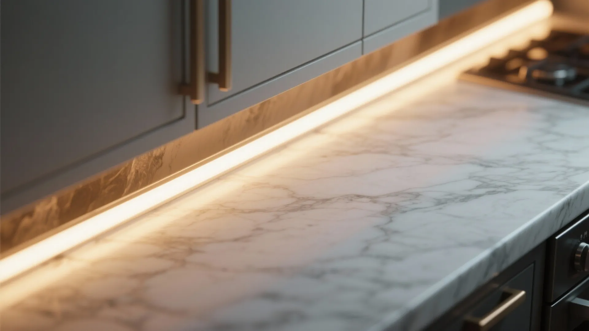 LED under-cabinet lighting illuminating marble counters