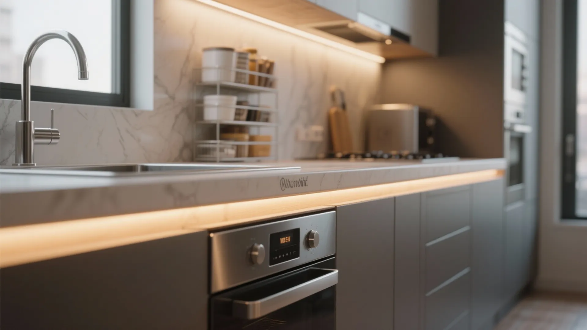 Modern kitchen with grey cabinets marble countertop sink oven and warm hidden light fixture strips