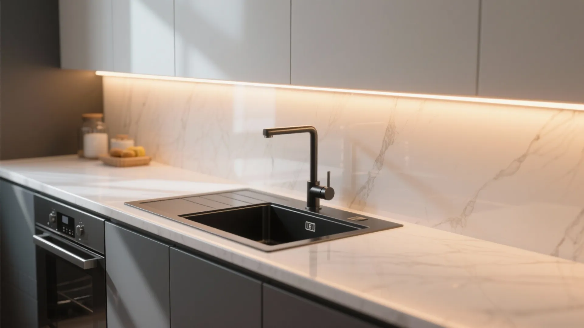 Black undermount sink highlighted by warm under-cabinet LED lighting on a white countertop.