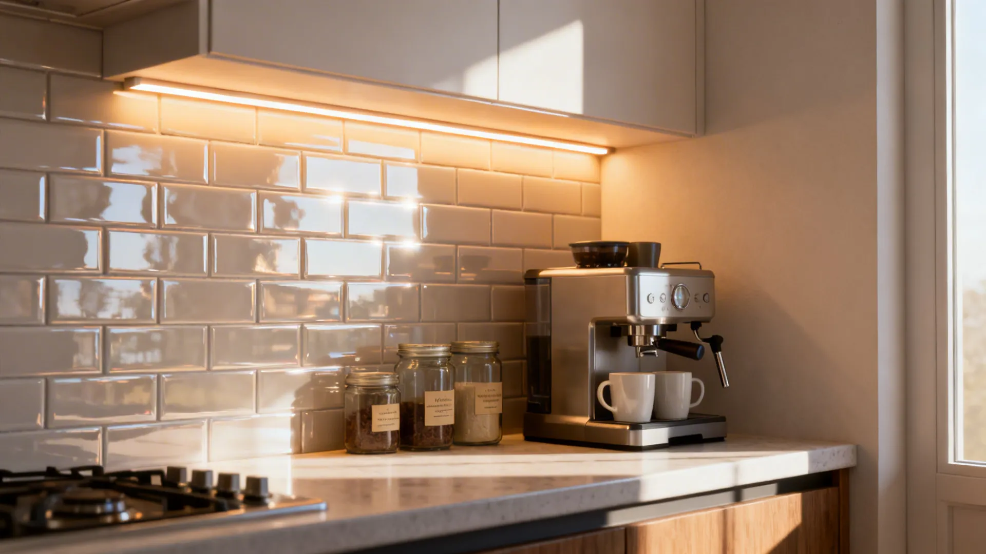 Kitchen counter with coffee machine glass jars white tile wall and a light fixture under cabinet