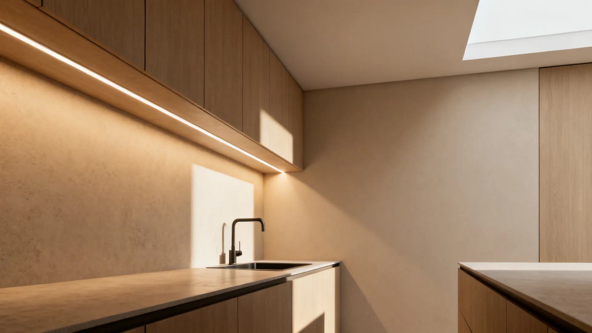 Under-cabinet LED lighting brightening a small sink area and creating a higher visual ceiling.