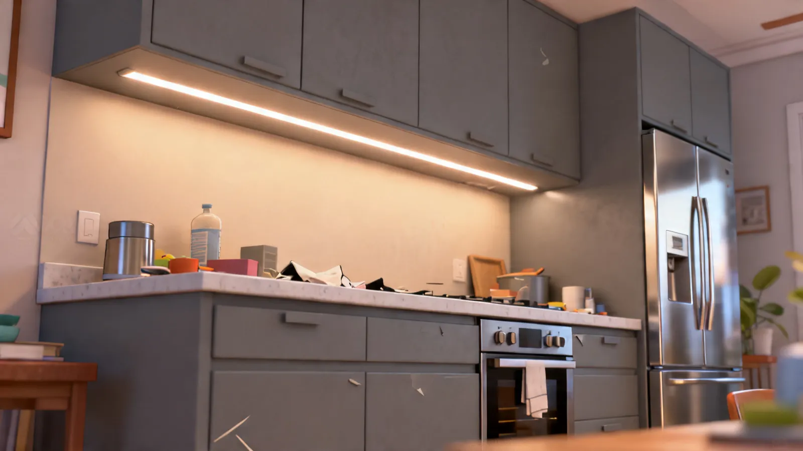 LED under cabinet lighting illuminating gray kitchen countertops