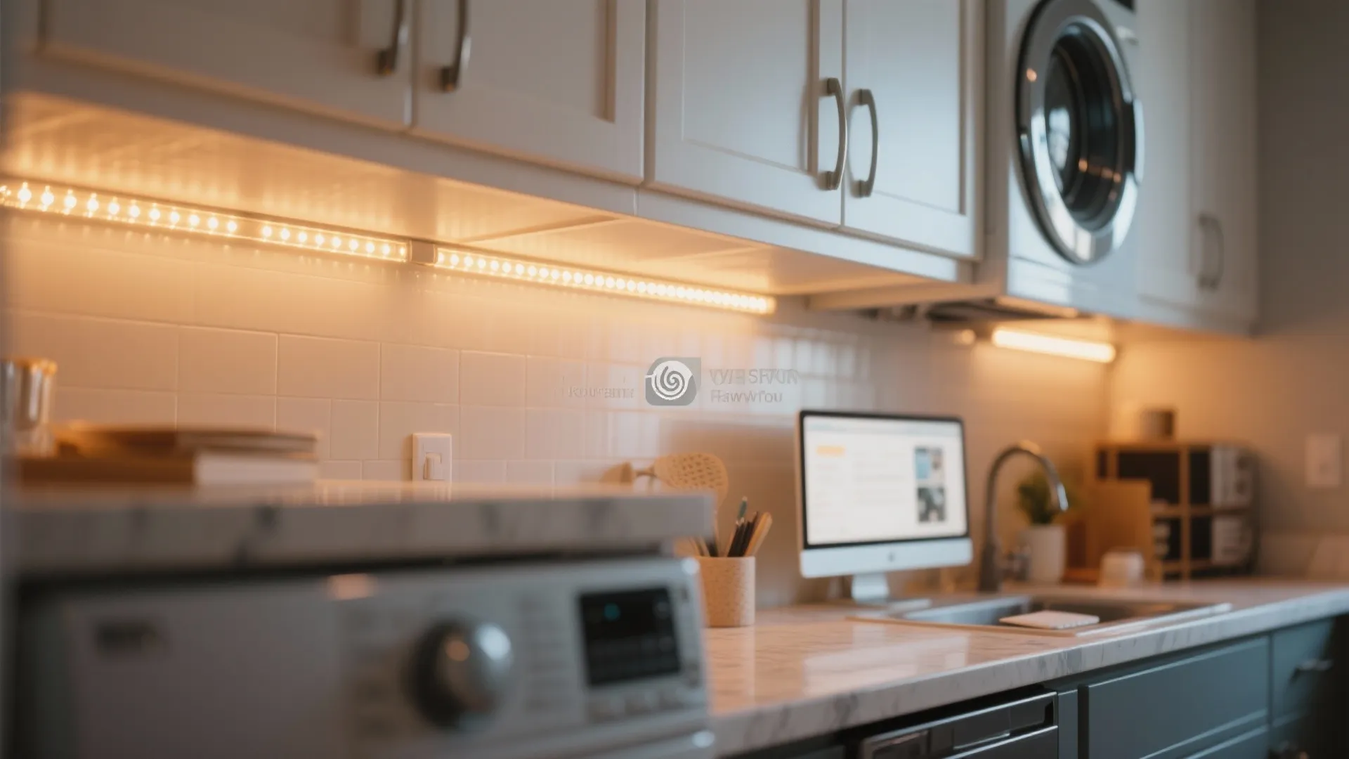 Warm LED task lighting under laundry room cabinets