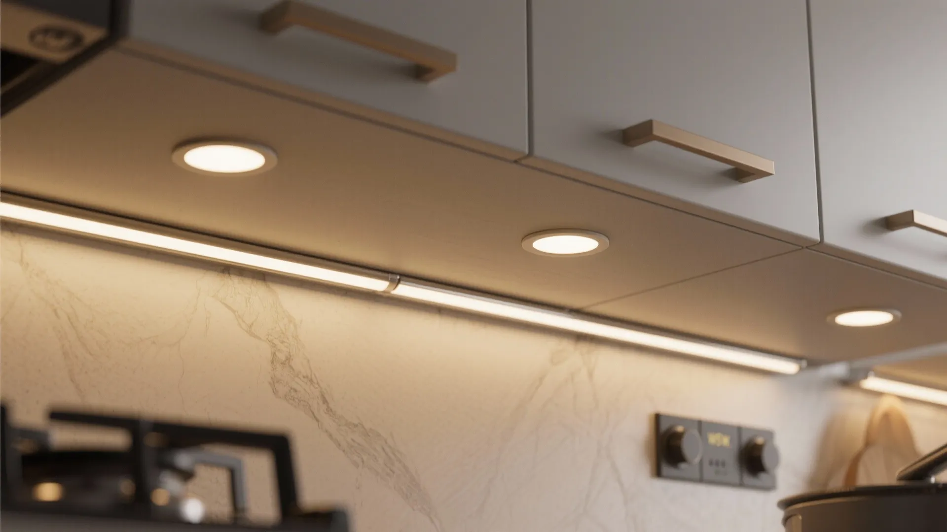 Modern kitchen with warm light fixture installed under grey cabinets above a marble pattern wall