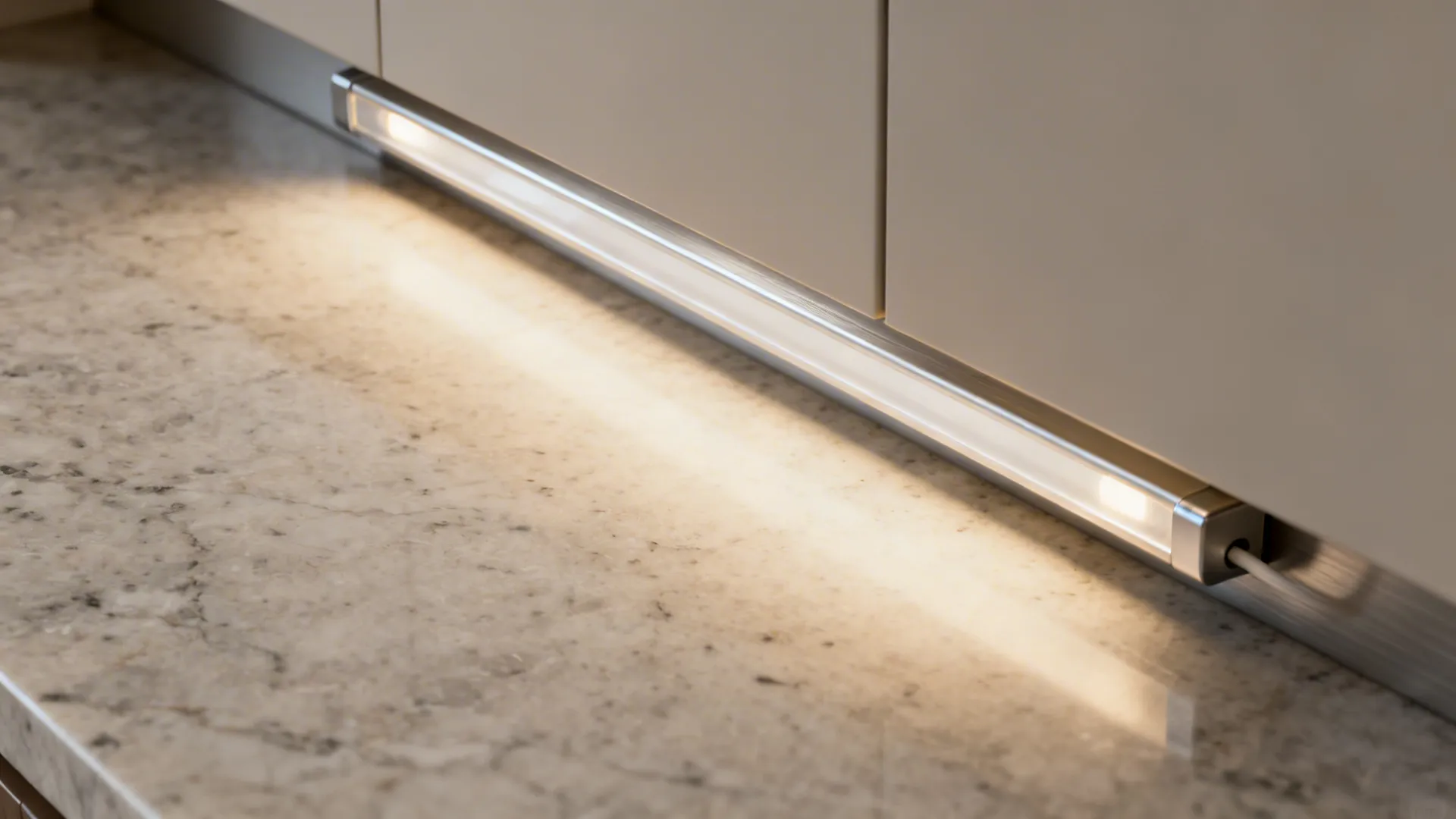 Macro of an LED strip in a frosted aluminum channel under a cabinet, evenly lighting the counter.