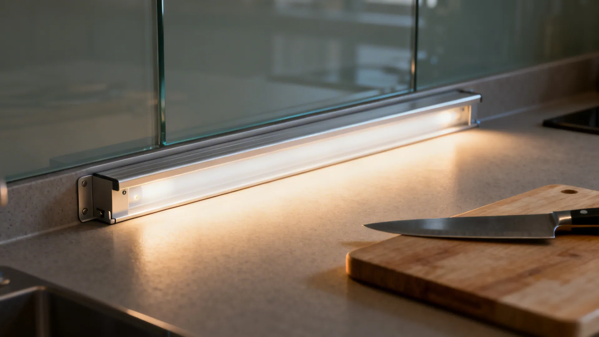 Macro of recessed under-cabinet LED with diffuser casting even task light on counter and backsplash.