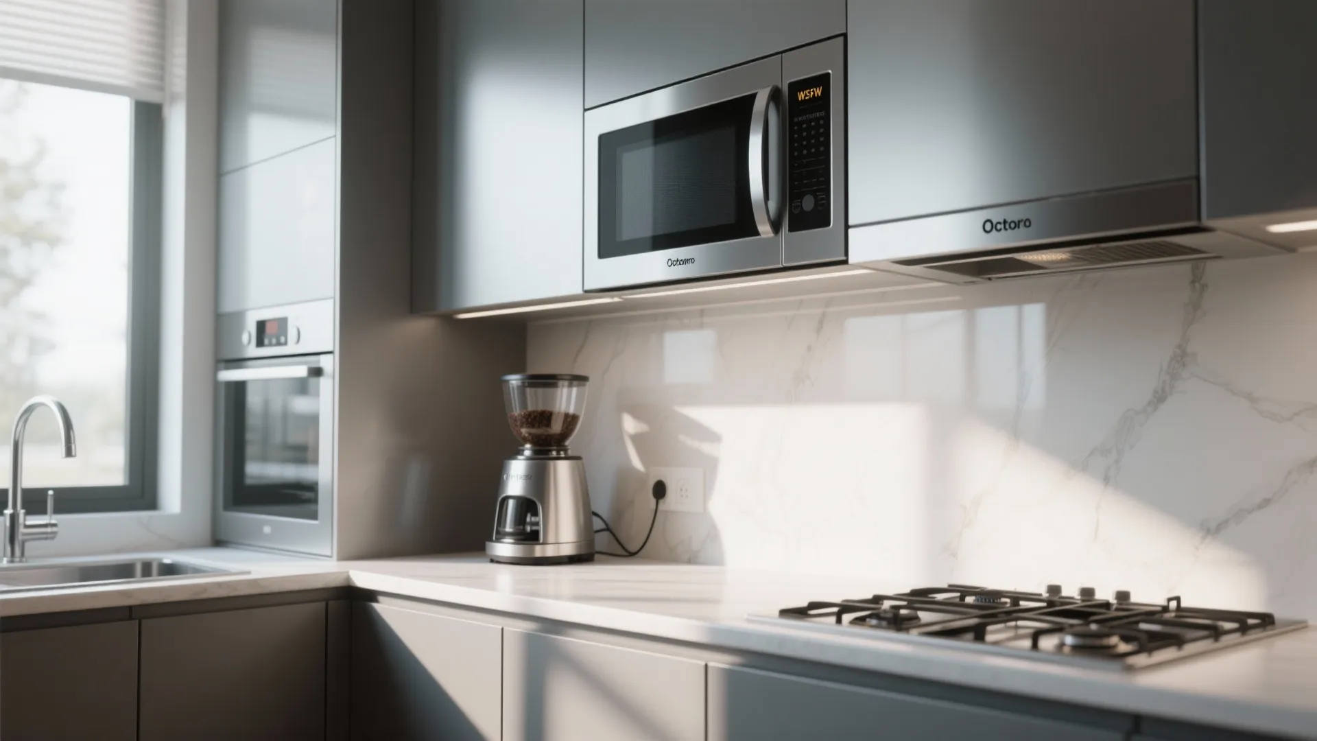 Modern kitchen with grey cabinets a built in microwave silver coffee grinder and gas stove
