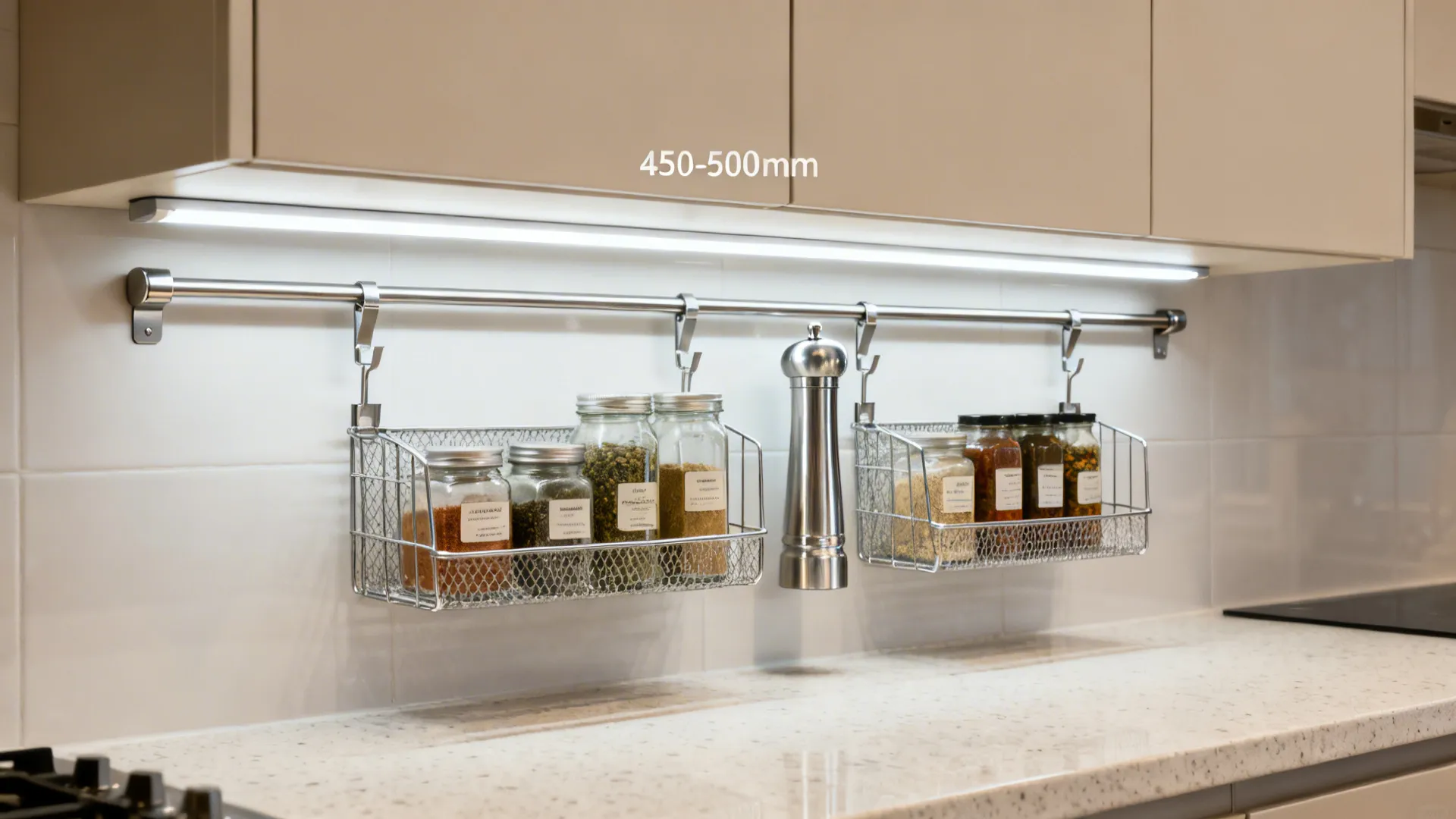 Under-cabinet rail with clip-on spice baskets illuminated by an LED light bar.