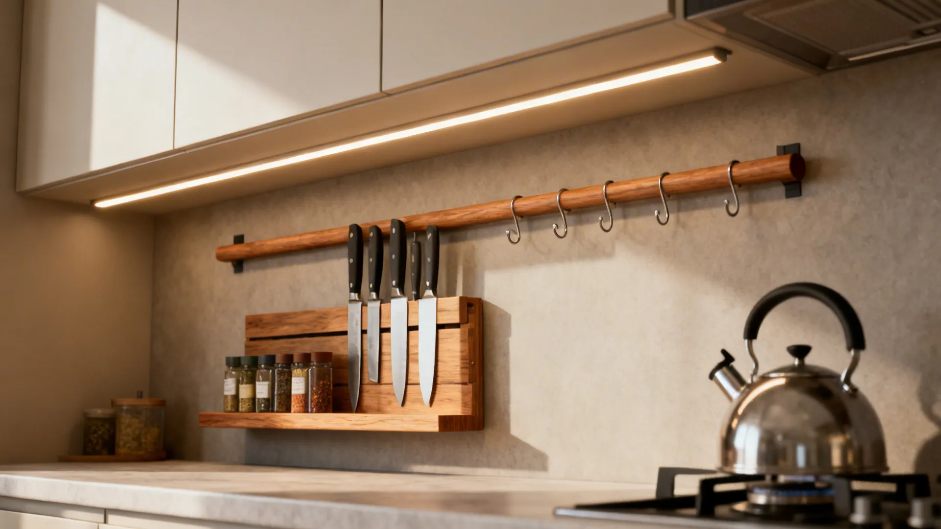 Under-cabinet oak spice ledge, wooden magnetic knife rail, and a rail with S-hooks lit by LEDs.
