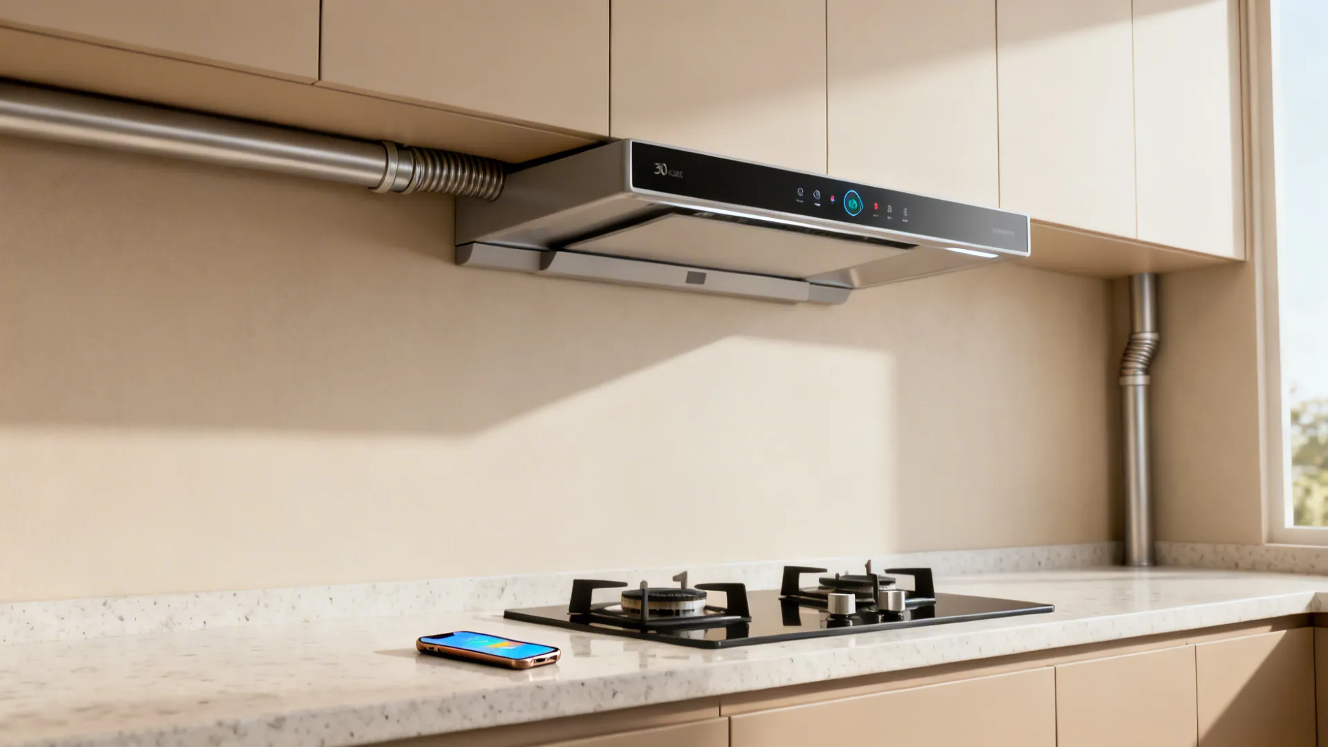 Slim under-cabinet chimney in a 60 cm module with phone-based smart control.