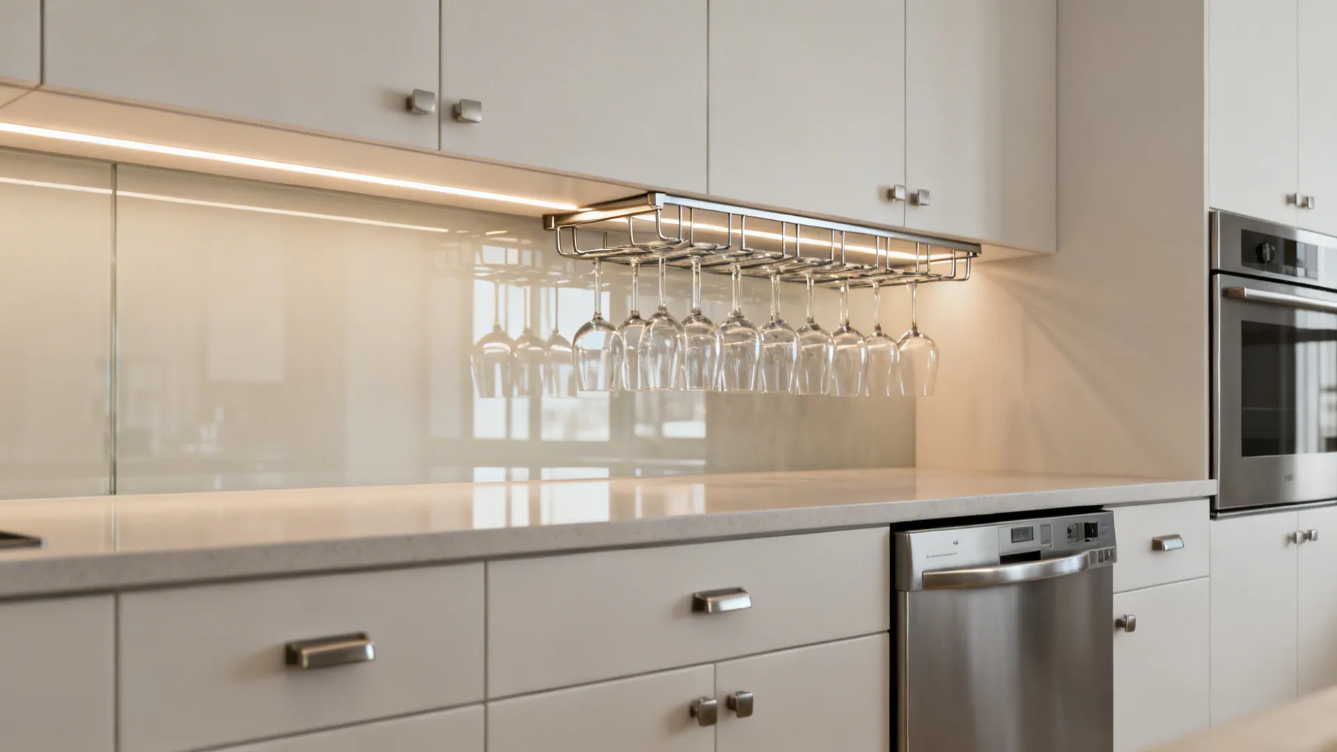 Modern white kitchen cabinets with metal rack for hanging wine glasses above a clean white countertop